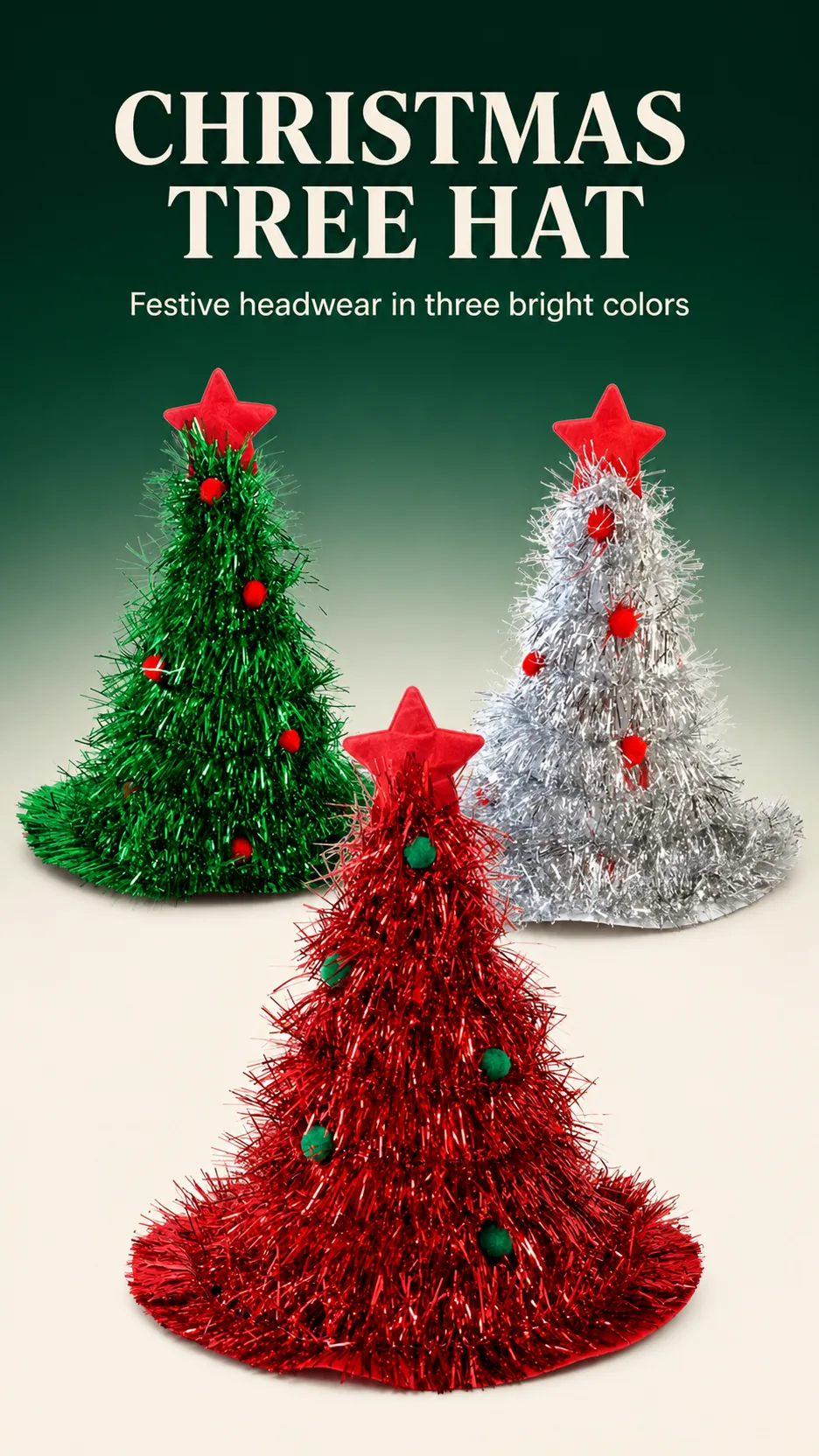 Wholesale Novelty Christmas Tree Tinsel Hat with Star Top and Pom Poms for Holiday Parties product detail 1
