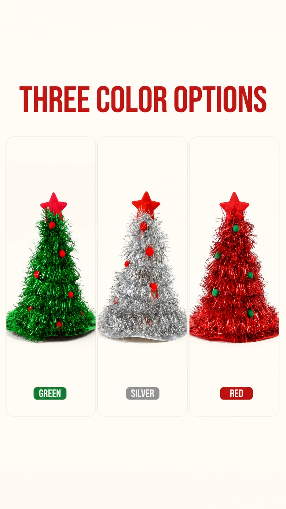 Wholesale Novelty Christmas Tree Tinsel Hat with Star Top and Pom Poms for Holiday Parties product detail 2