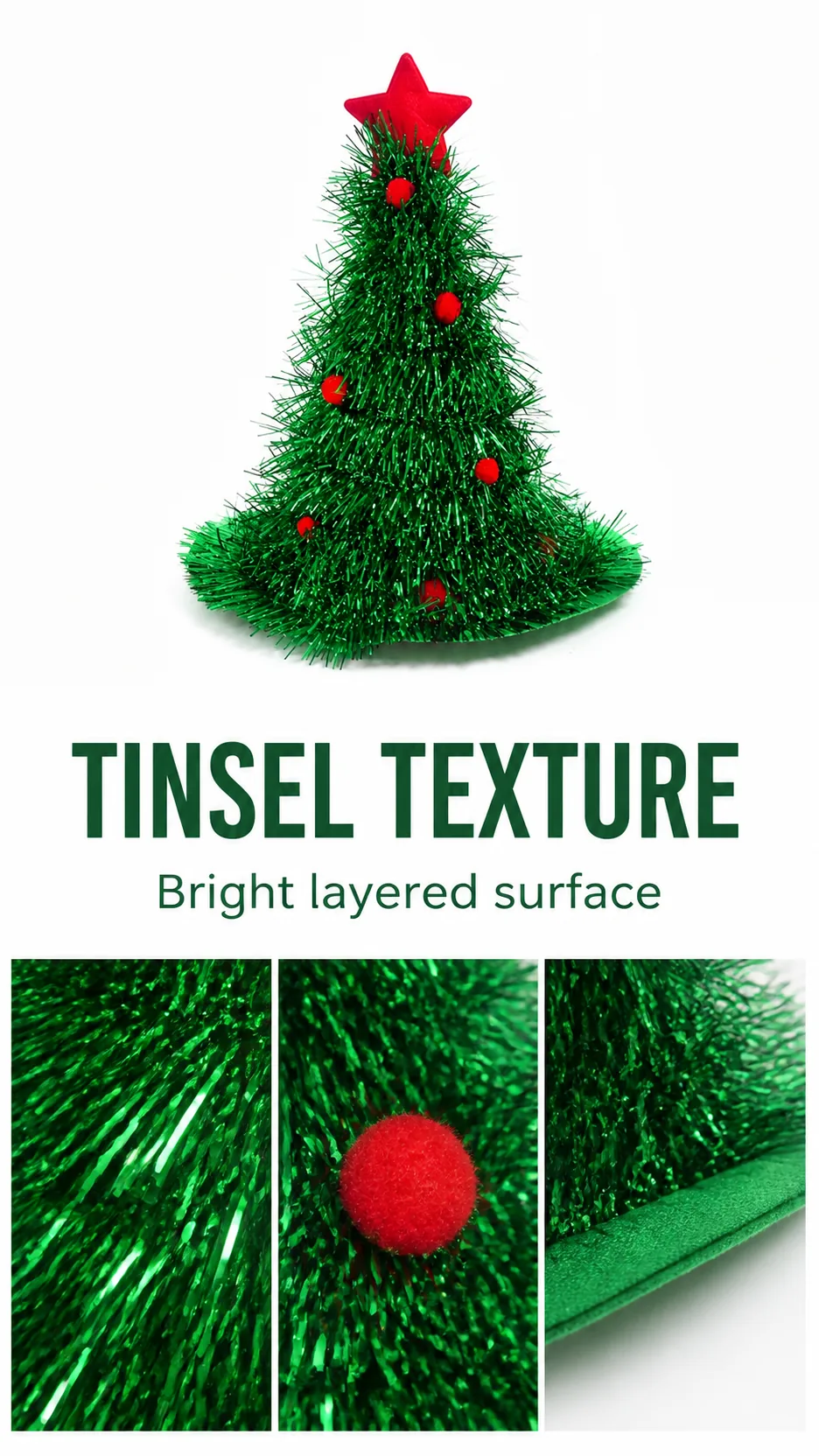 Wholesale Novelty Christmas Tree Tinsel Hat with Star Top and Pom Poms for Holiday Parties product detail 3