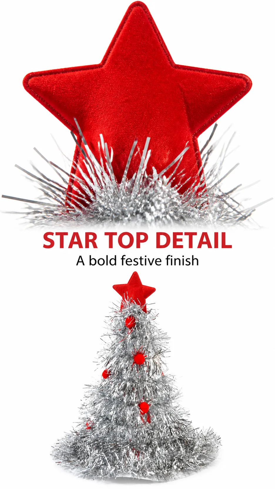 Wholesale Novelty Christmas Tree Tinsel Hat with Star Top and Pom Poms for Holiday Parties product detail 4