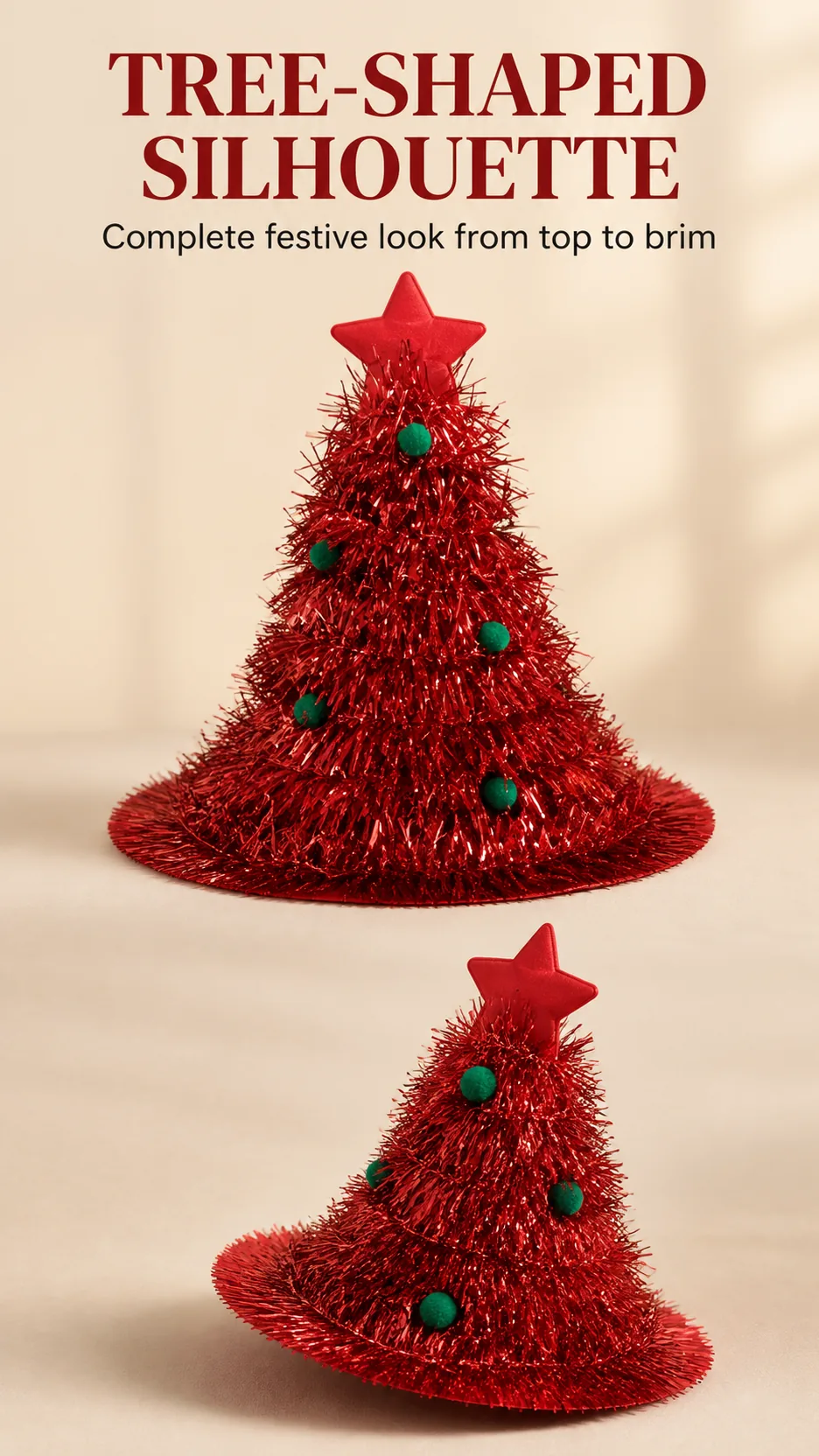Wholesale Novelty Christmas Tree Tinsel Hat with Star Top and Pom Poms for Holiday Parties product detail 5