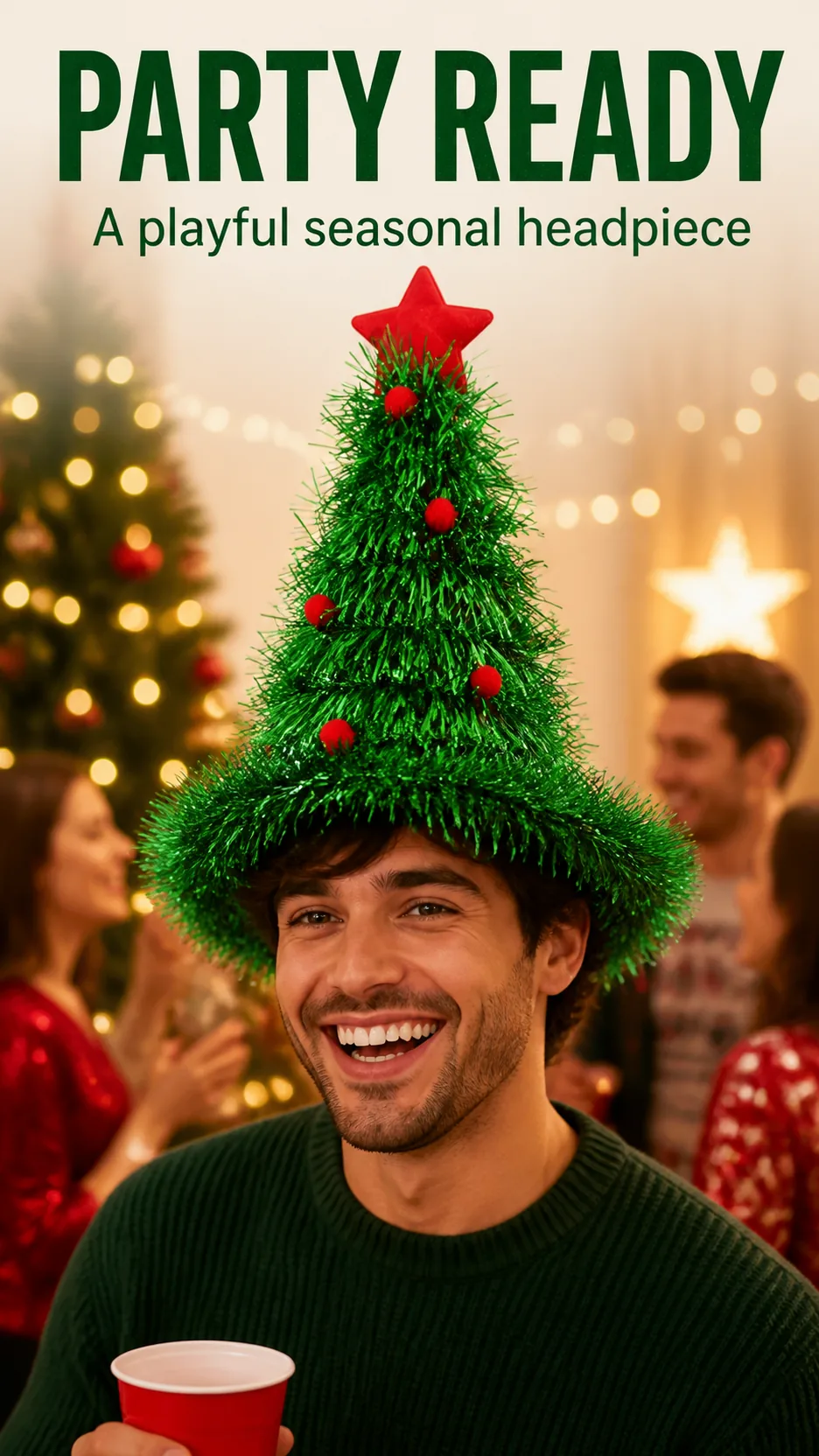 Wholesale Novelty Christmas Tree Tinsel Hat with Star Top and Pom Poms for Holiday Parties product detail 6