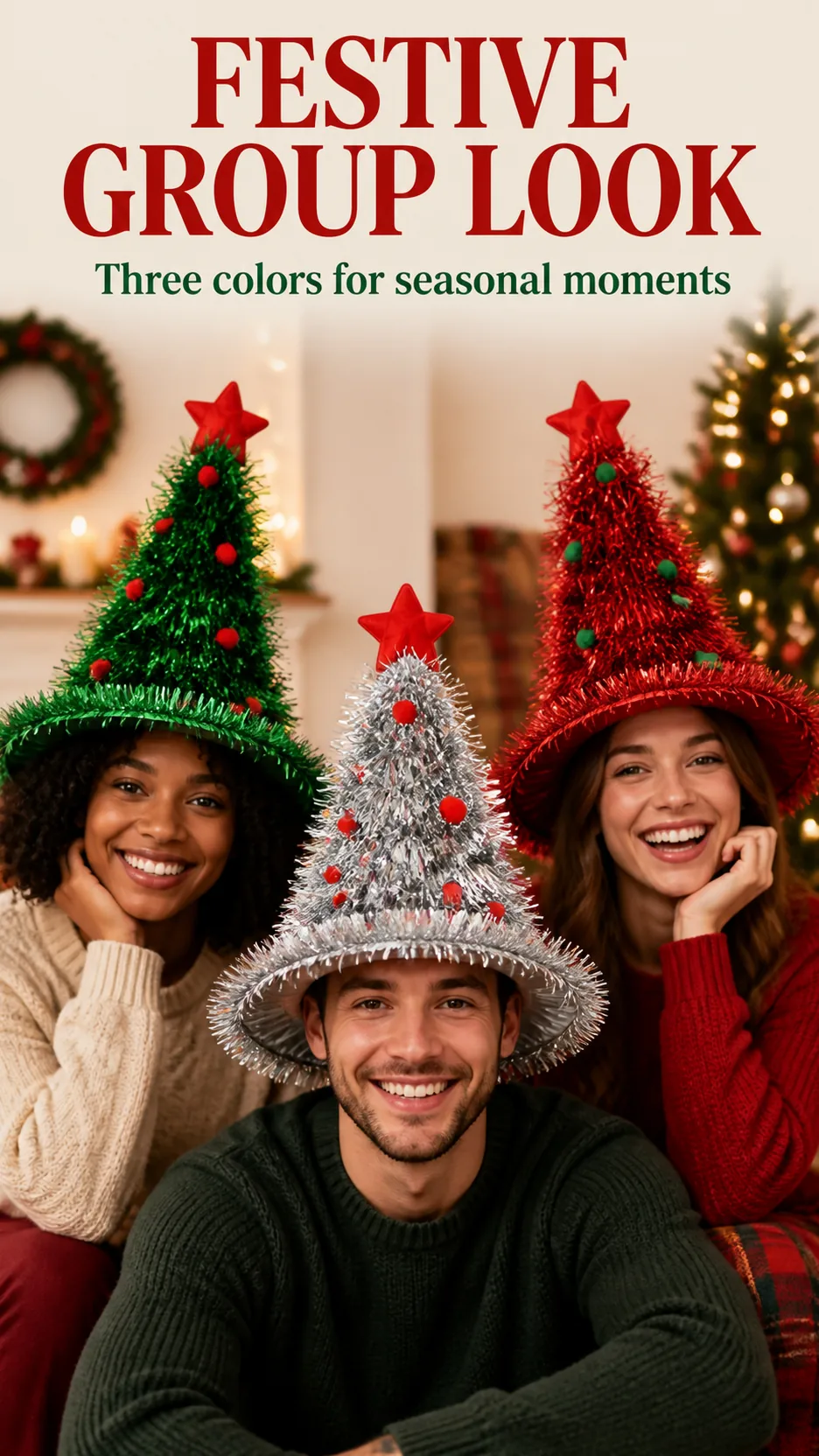 Wholesale Novelty Christmas Tree Tinsel Hat with Star Top and Pom Poms for Holiday Parties product detail 7