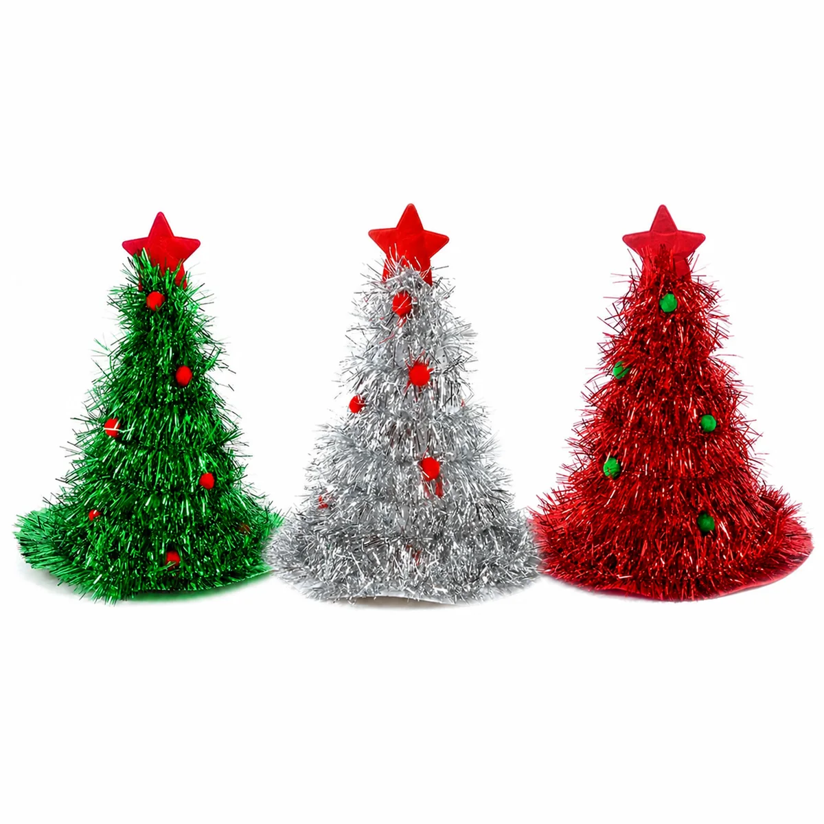 Wholesale Novelty Christmas Tree Tinsel Hat with Star Top and Pom Poms for Holiday Parties