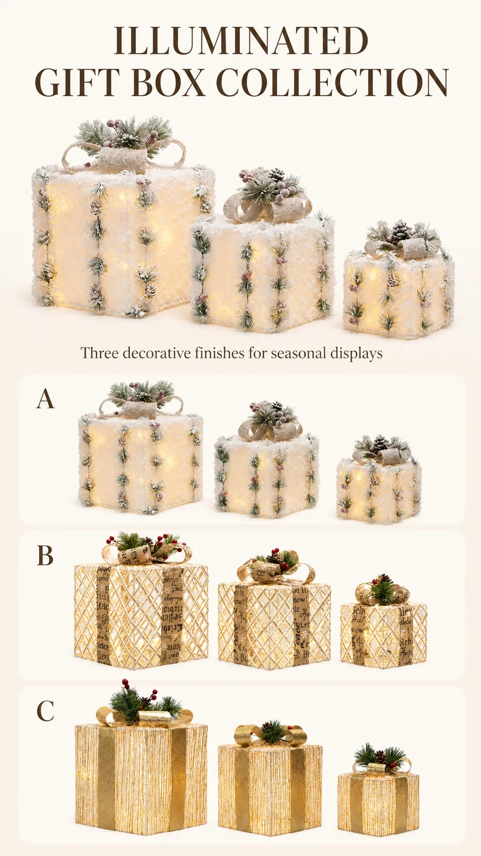 Illuminated Christmas Gift Box Set Lighted Holiday Decoration with Pine Cones and Berries product detail 1