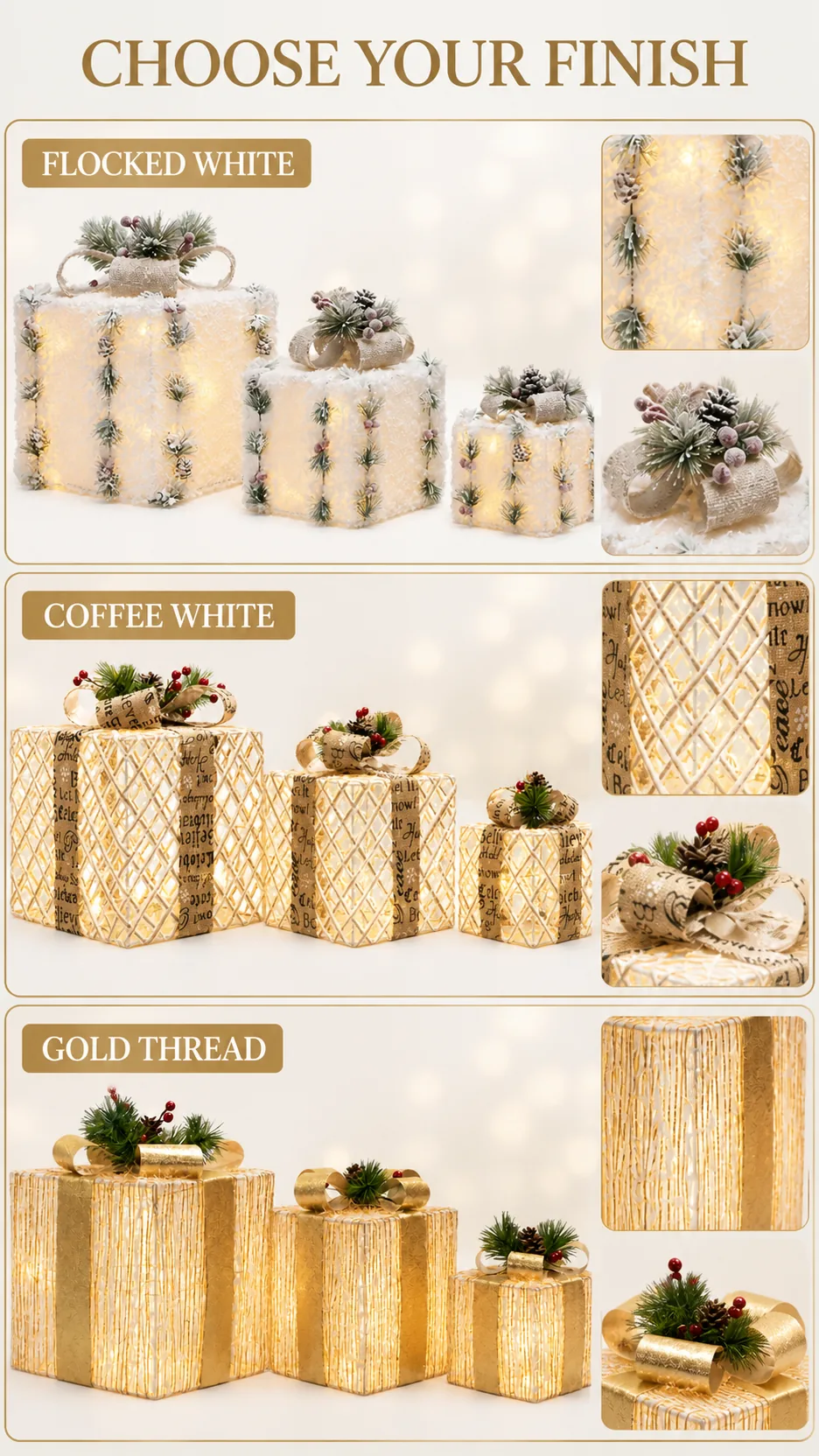 Illuminated Christmas Gift Box Set Lighted Holiday Decoration with Pine Cones and Berries product detail 2