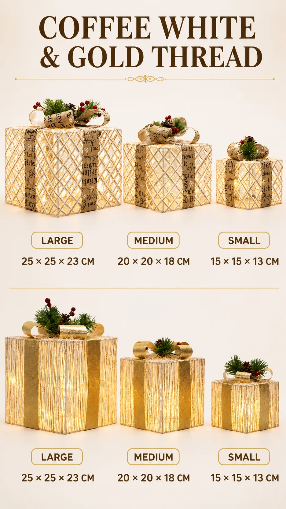 Illuminated Christmas Gift Box Set Lighted Holiday Decoration with Pine Cones and Berries product detail 4