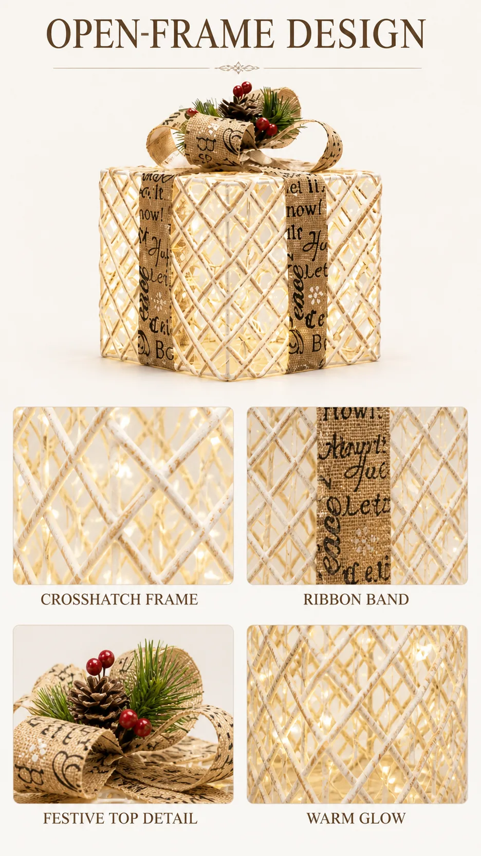 Illuminated Christmas Gift Box Set Lighted Holiday Decoration with Pine Cones and Berries product detail 5
