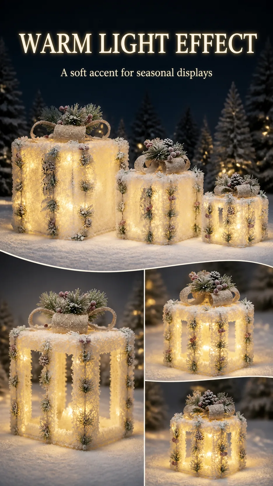 Illuminated Christmas Gift Box Set Lighted Holiday Decoration with Pine Cones and Berries product detail 6