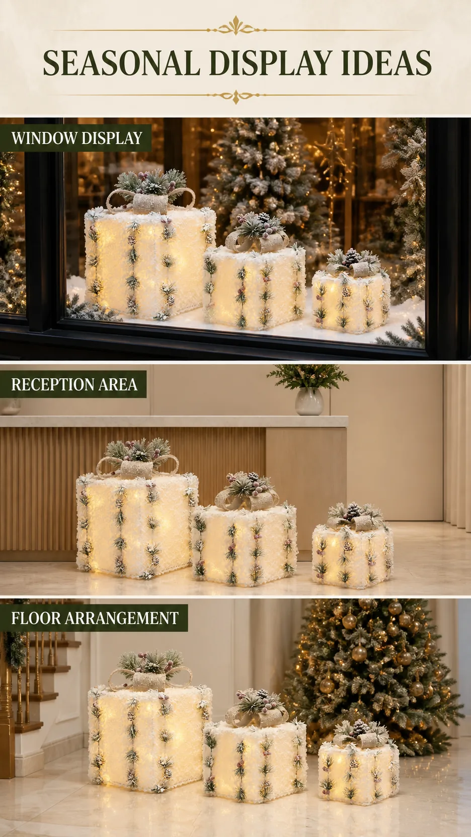 Illuminated Christmas Gift Box Set Lighted Holiday Decoration with Pine Cones and Berries product detail 7