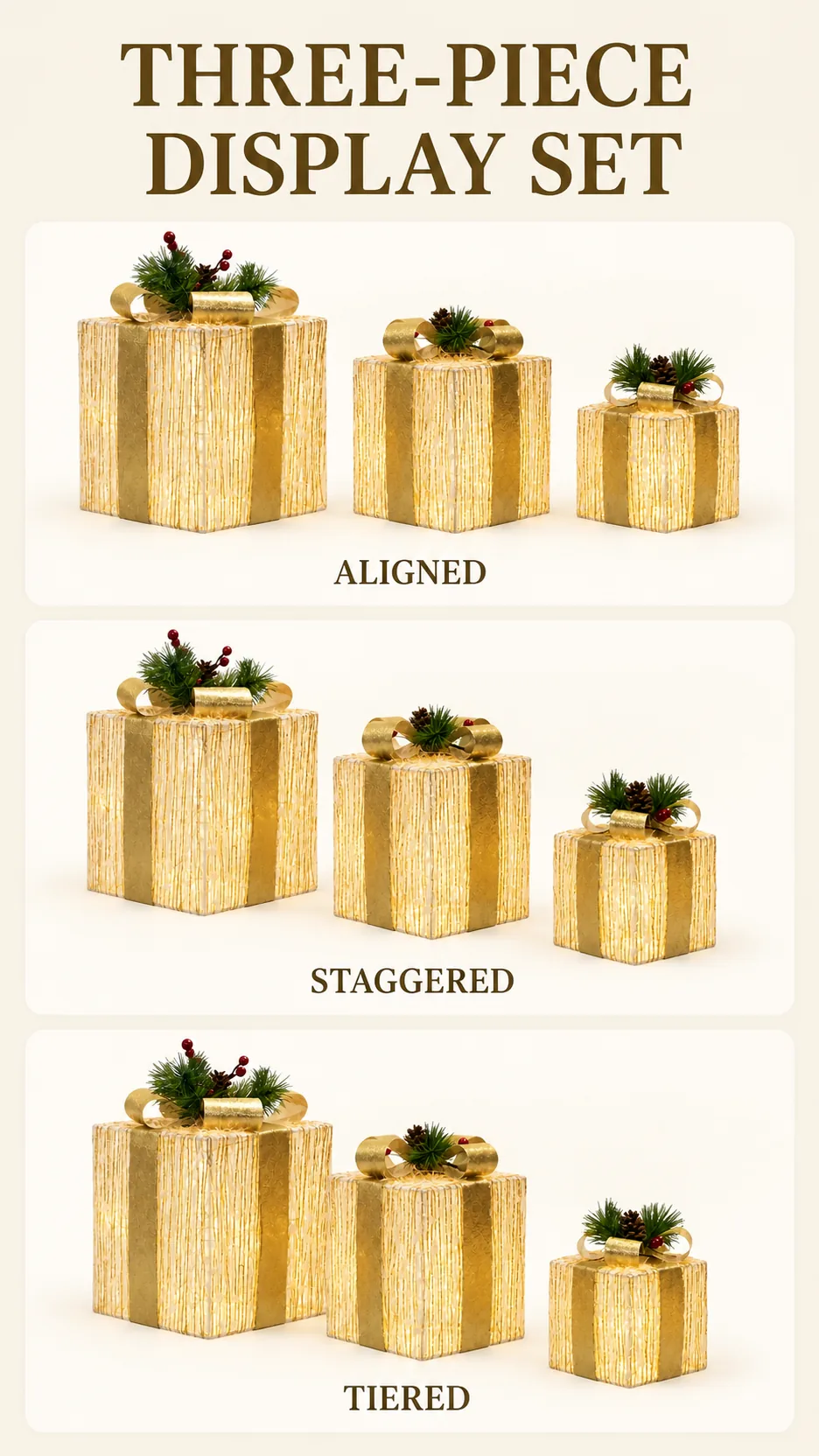 Illuminated Christmas Gift Box Set Lighted Holiday Decoration with Pine Cones and Berries product detail 8