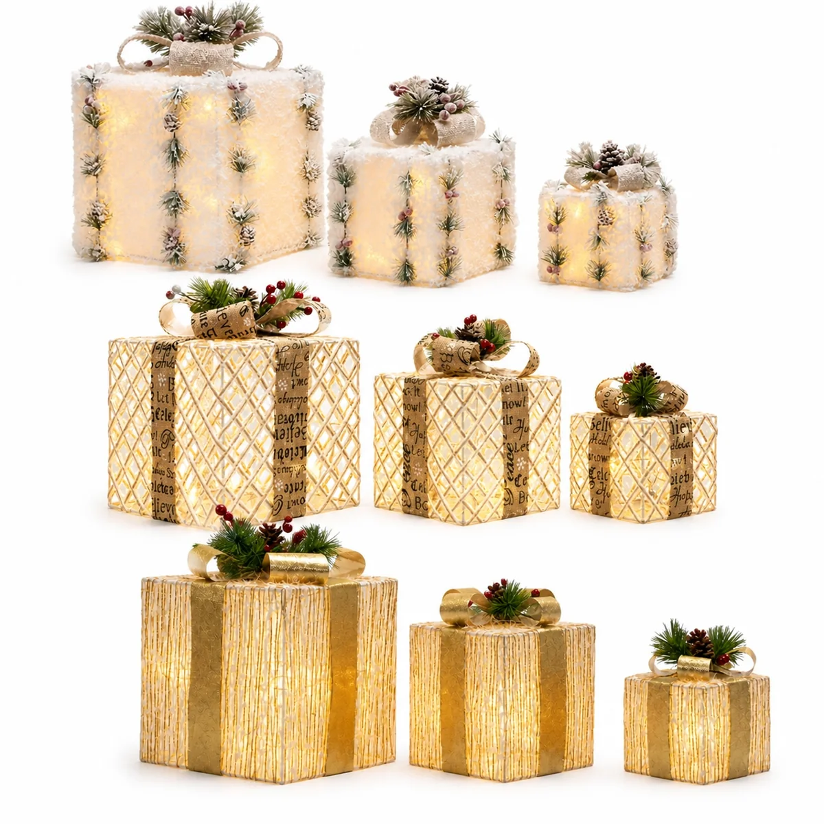 Illuminated Christmas Gift Box Set Lighted Holiday Decoration with Pine Cones and Berries