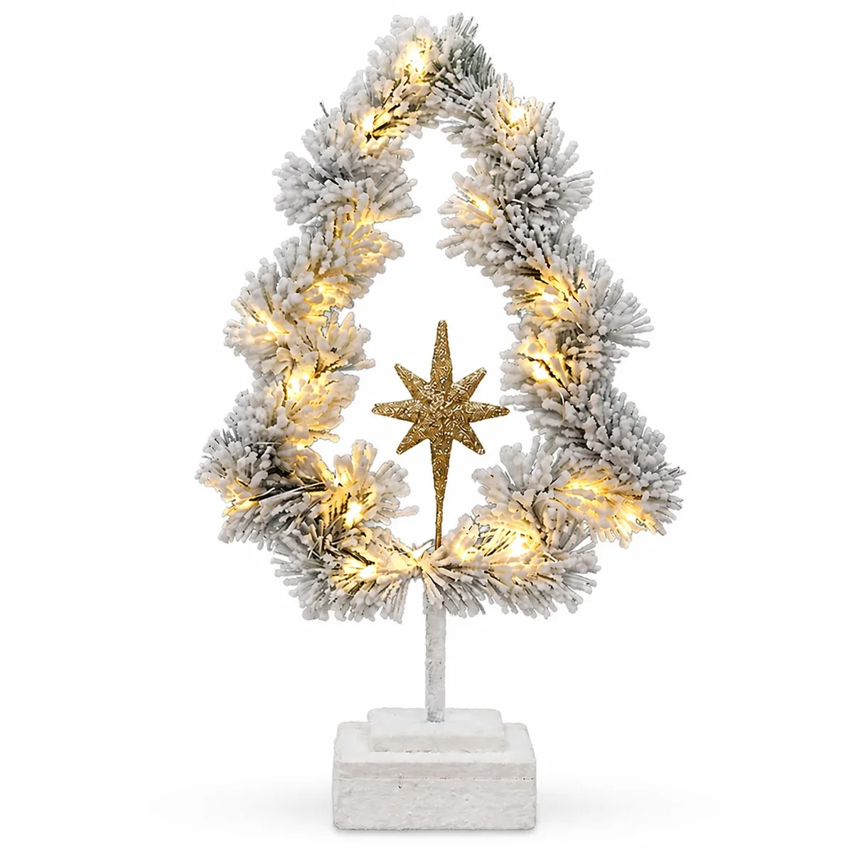 Flocked Lighted Outline Christmas Tree with Gold Star and Warm LED Lights