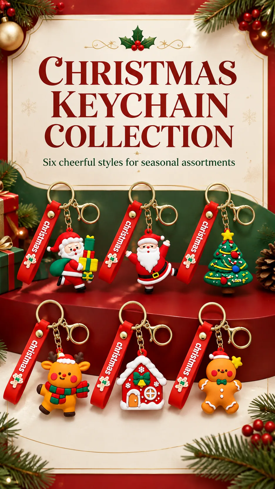 Cute Christmas Silicone Keychain with Wrist Strap and Gold Hardware - Santa Reindeer Tree House Gingerbread Designs product detail 1