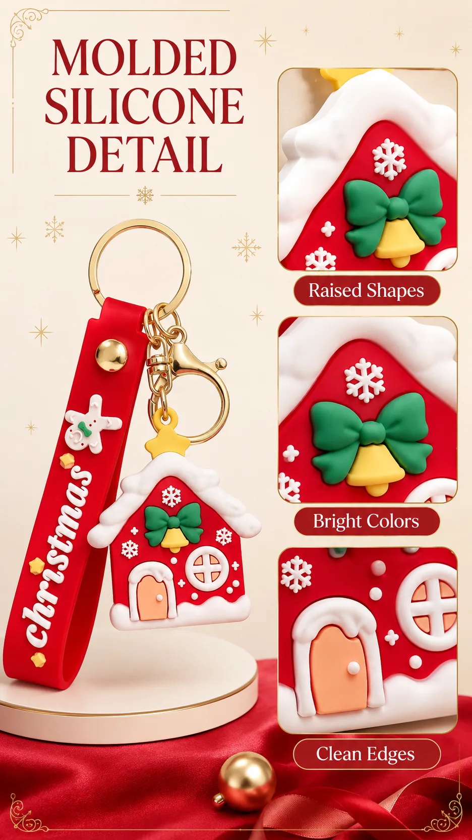 Cute Christmas Silicone Keychain with Wrist Strap and Gold Hardware - Santa Reindeer Tree House Gingerbread Designs product detail 2