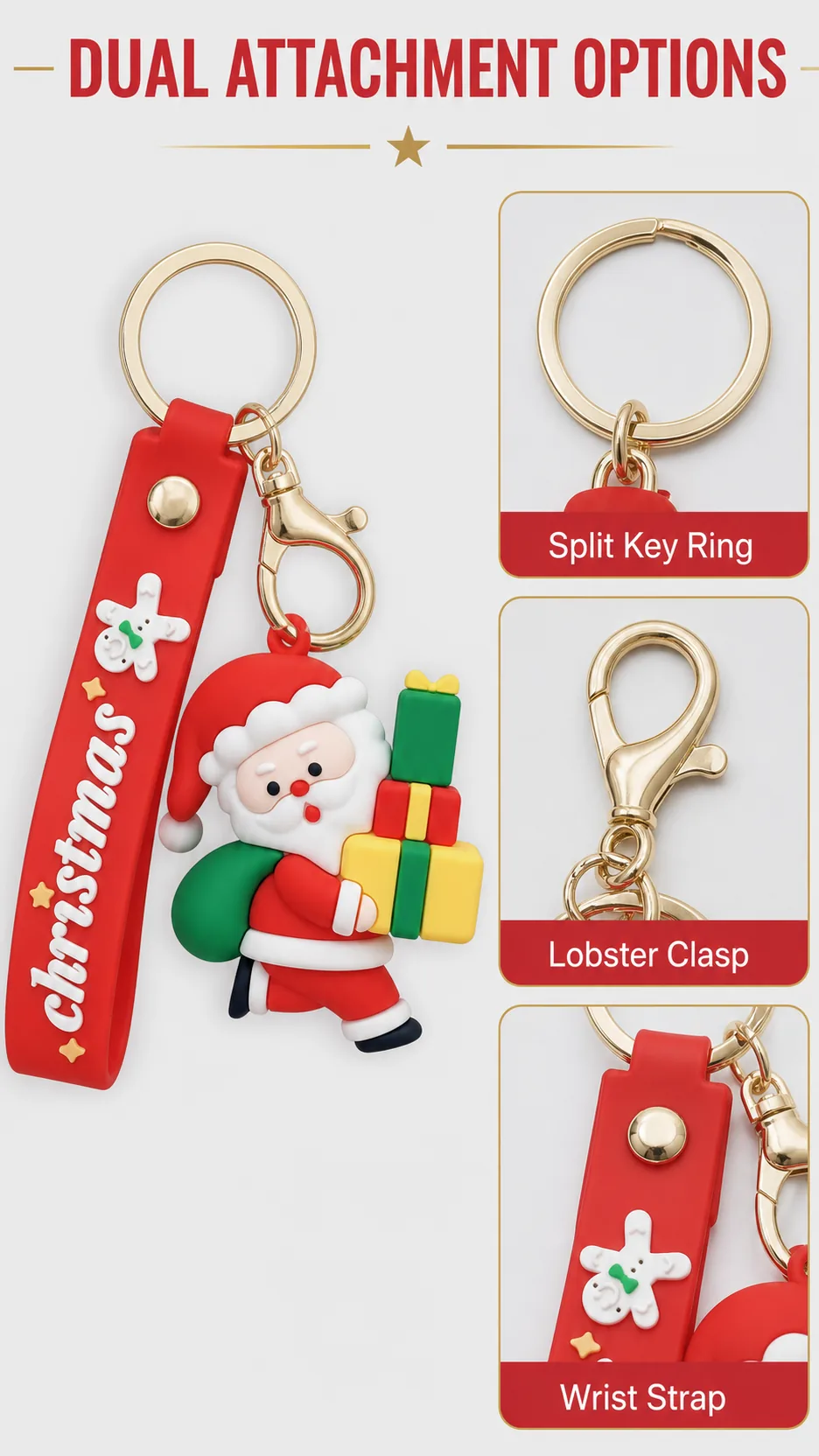 Cute Christmas Silicone Keychain with Wrist Strap and Gold Hardware - Santa Reindeer Tree House Gingerbread Designs product detail 3