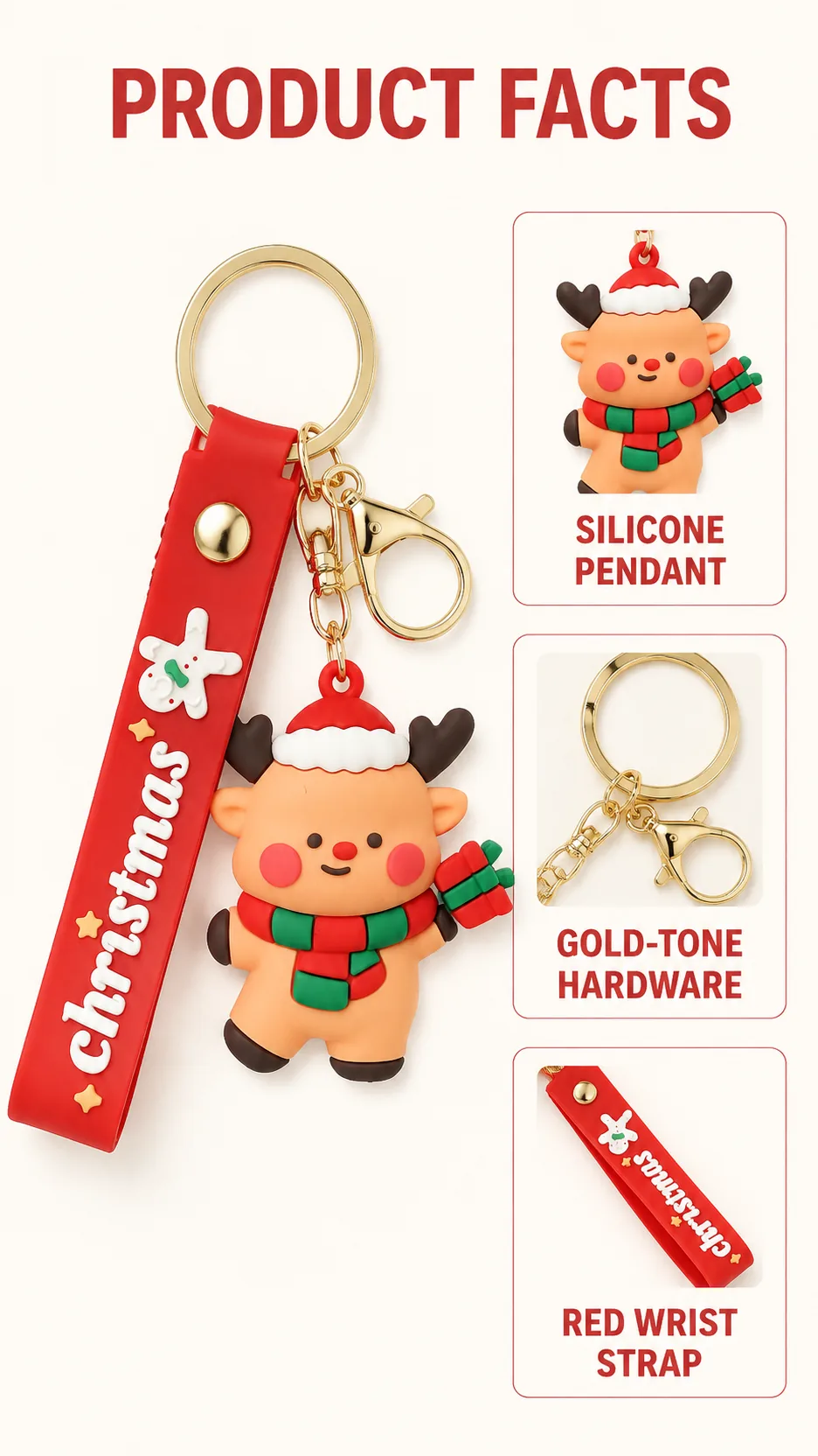 Cute Christmas Silicone Keychain with Wrist Strap and Gold Hardware - Santa Reindeer Tree House Gingerbread Designs product detail 4