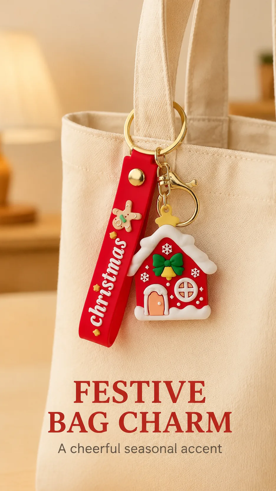 Cute Christmas Silicone Keychain with Wrist Strap and Gold Hardware - Santa Reindeer Tree House Gingerbread Designs product detail 6