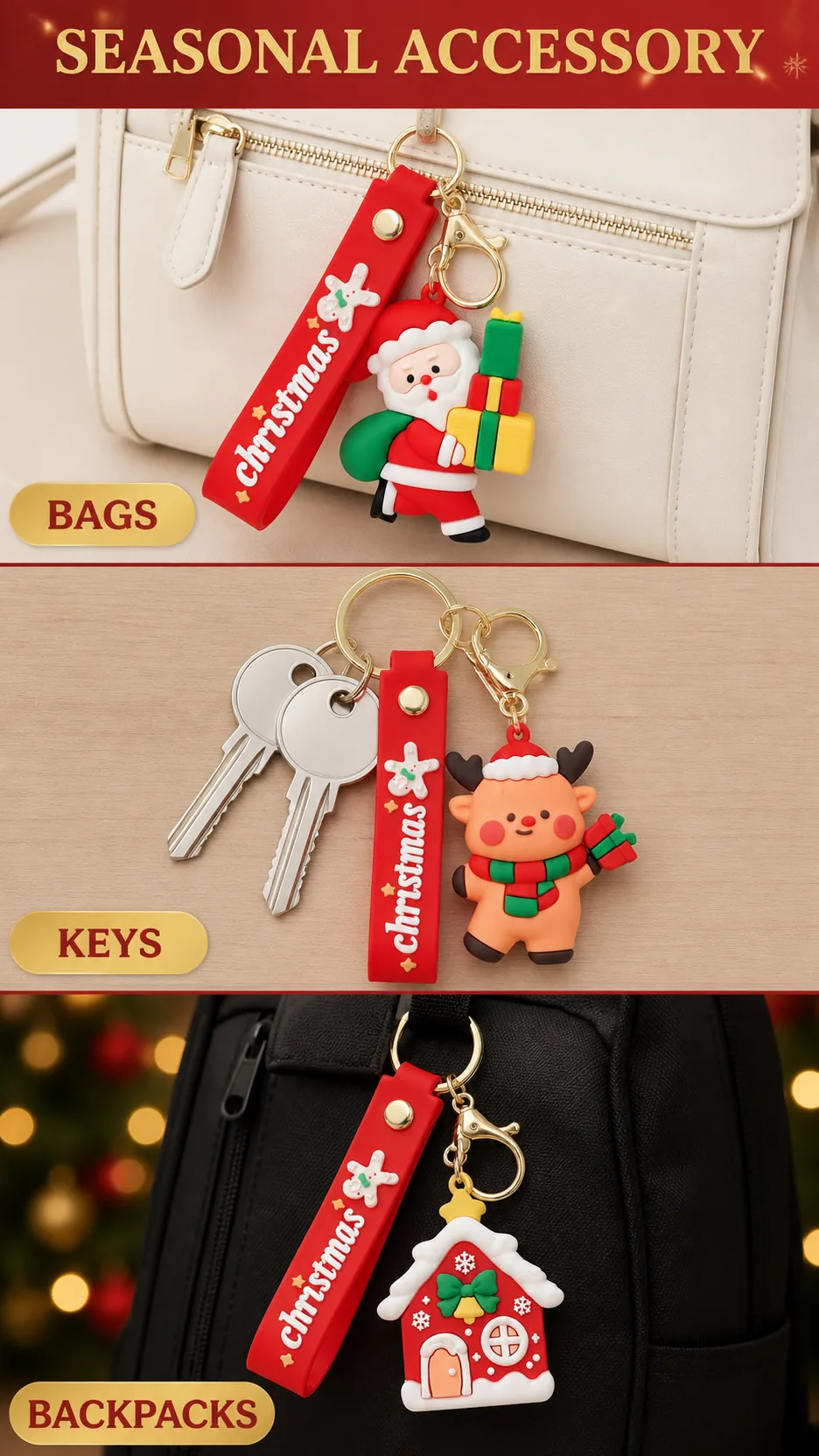 Cute Christmas Silicone Keychain with Wrist Strap and Gold Hardware - Santa Reindeer Tree House Gingerbread Designs product detail 8