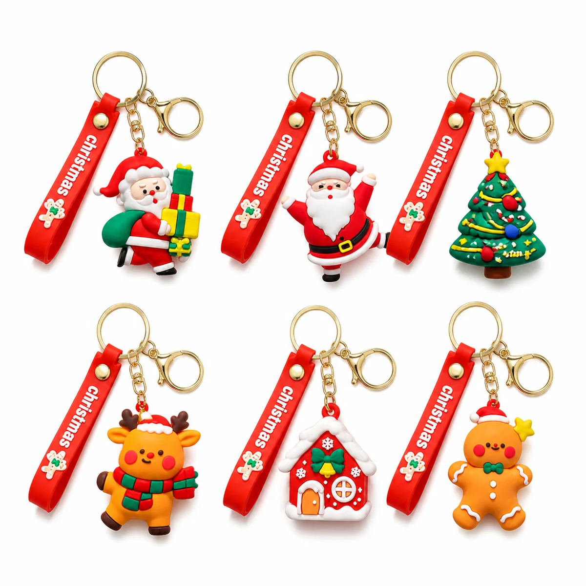Cute Christmas Silicone Keychain with Wrist Strap and Gold Hardware - Santa Reindeer Tree House Gingerbread Designs