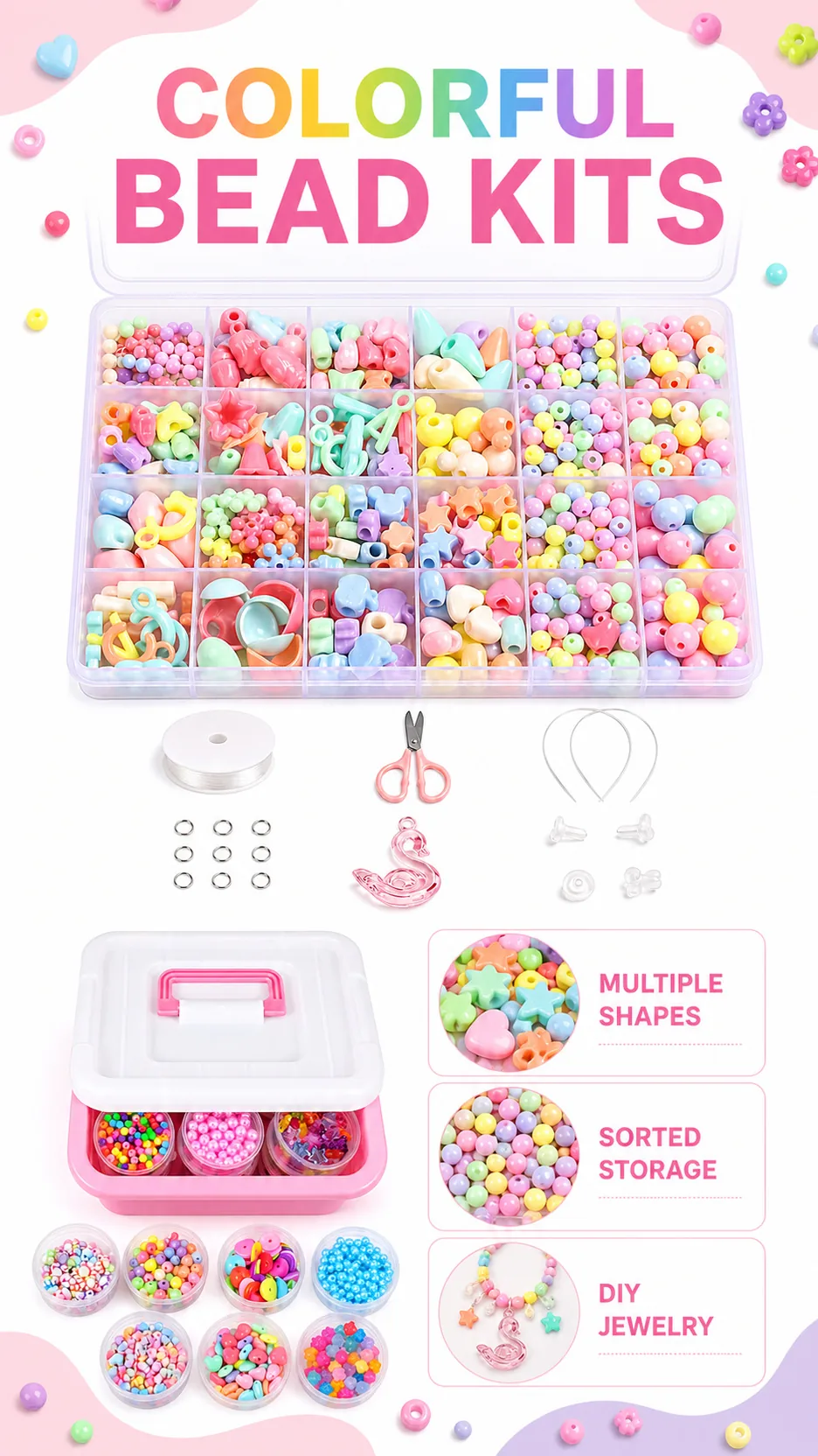 DIY Acrylic Bead Jewelry Making Kit for Kids - Pastel & Vivid Shapes with Storage Box product detail 1