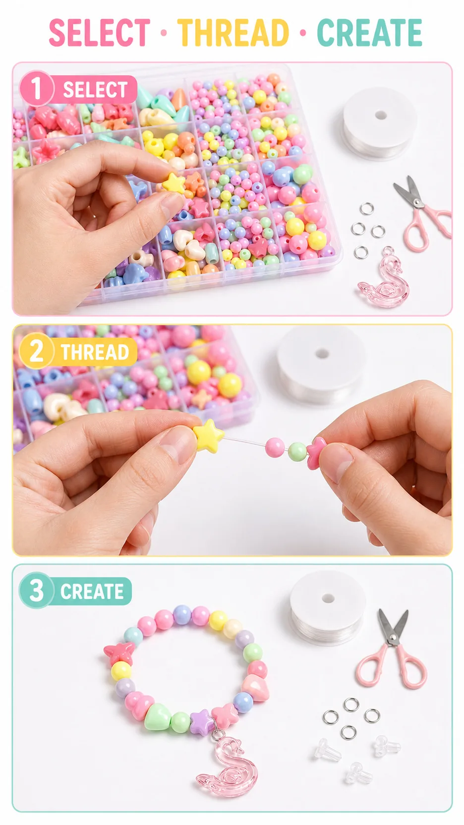 DIY Acrylic Bead Jewelry Making Kit for Kids - Pastel & Vivid Shapes with Storage Box product detail 5