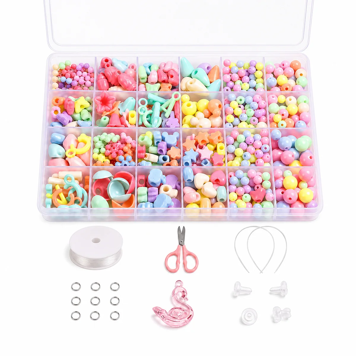 DIY Acrylic Bead Jewelry Making Kit for Kids - Pastel & Vivid Shapes with Storage Box