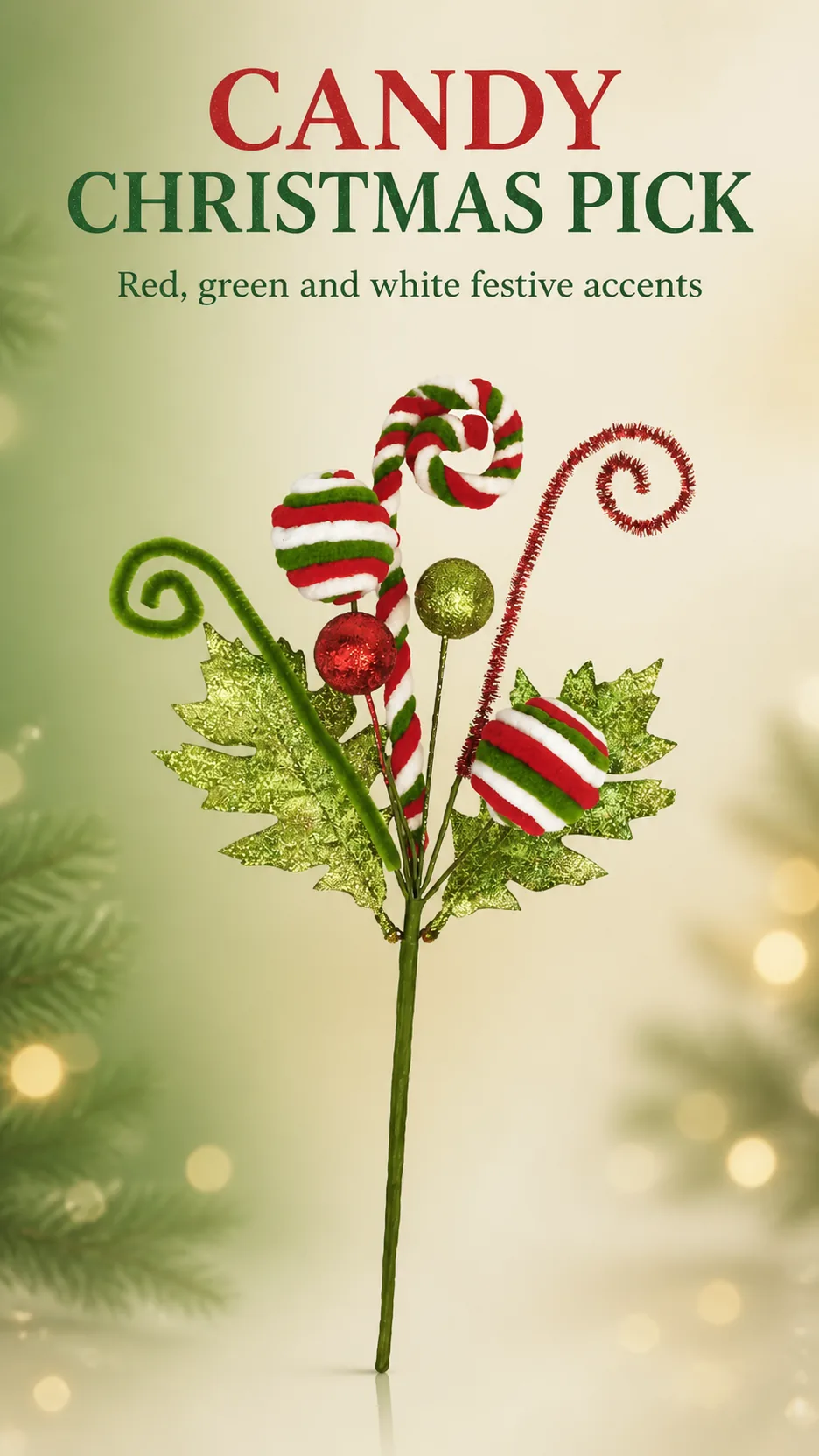34cm Glitter Candy Cane Christmas Tree Pick with Striped Lollipops and Curled Stems product detail 1
