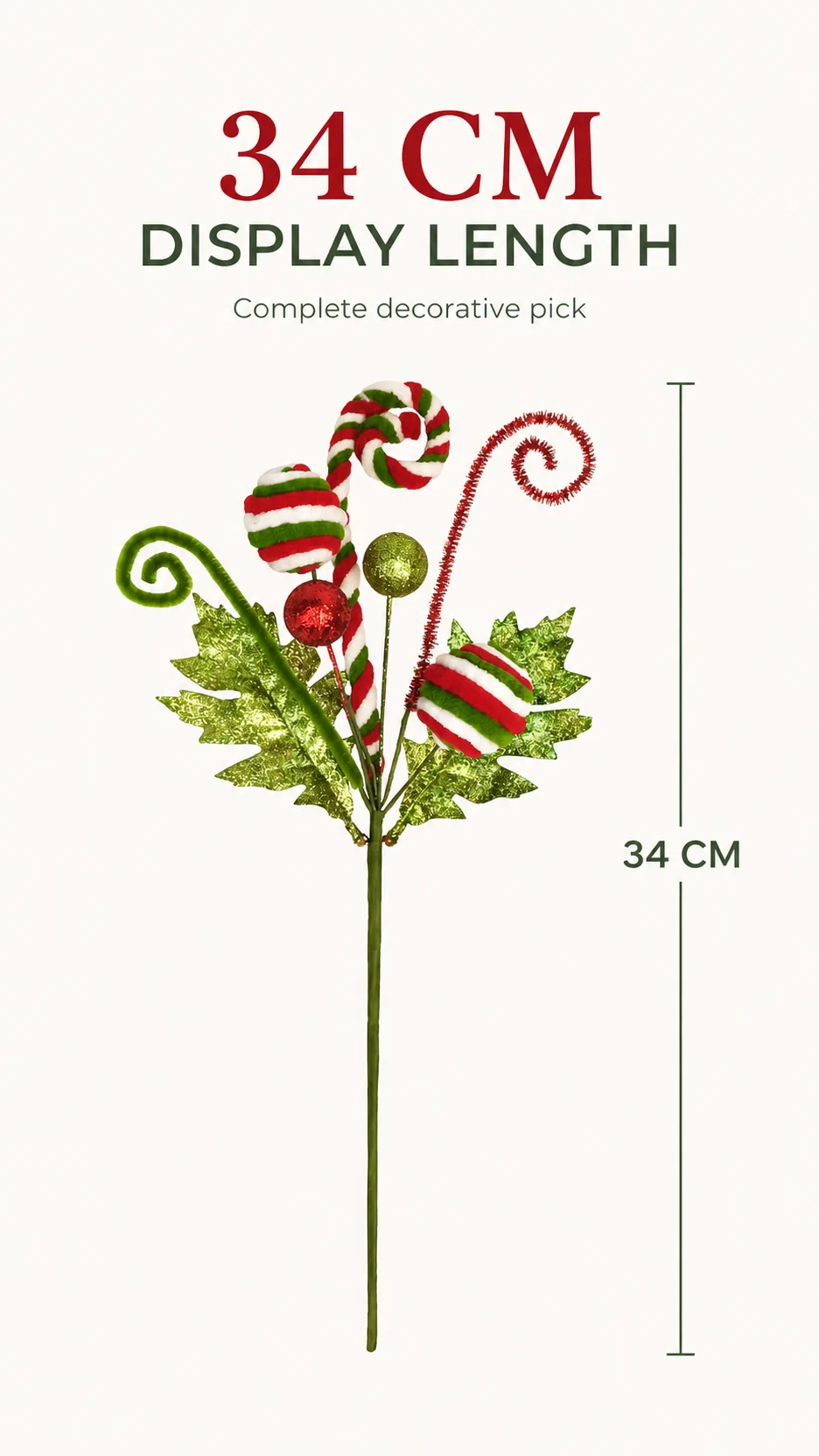 34cm Glitter Candy Cane Christmas Tree Pick with Striped Lollipops and Curled Stems product detail 2