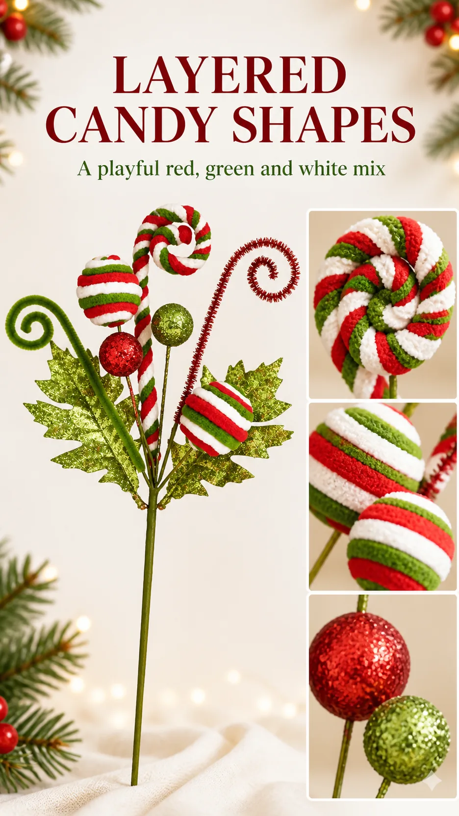 34cm Glitter Candy Cane Christmas Tree Pick with Striped Lollipops and Curled Stems product detail 3