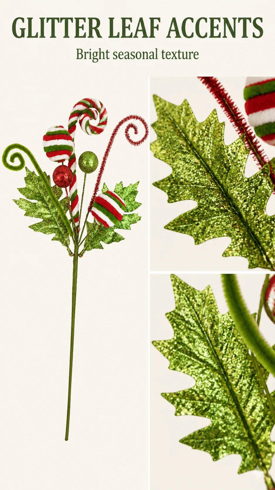 34cm Glitter Candy Cane Christmas Tree Pick with Striped Lollipops and Curled Stems product detail 4