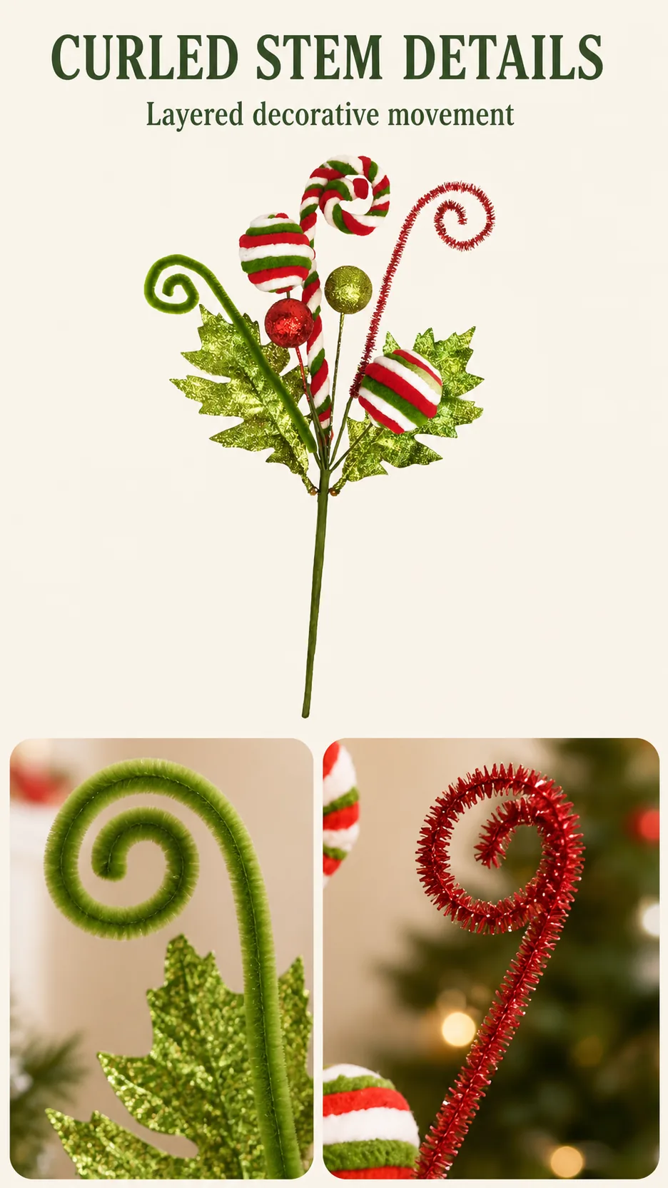 34cm Glitter Candy Cane Christmas Tree Pick with Striped Lollipops and Curled Stems product detail 5