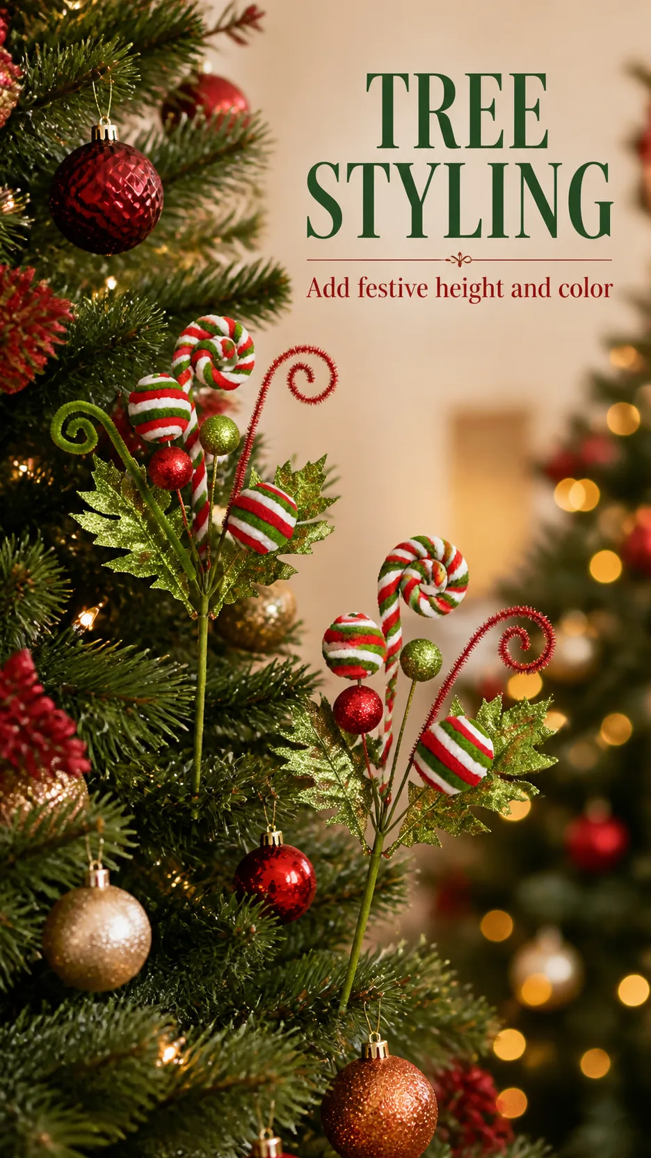 34cm Glitter Candy Cane Christmas Tree Pick with Striped Lollipops and Curled Stems product detail 6