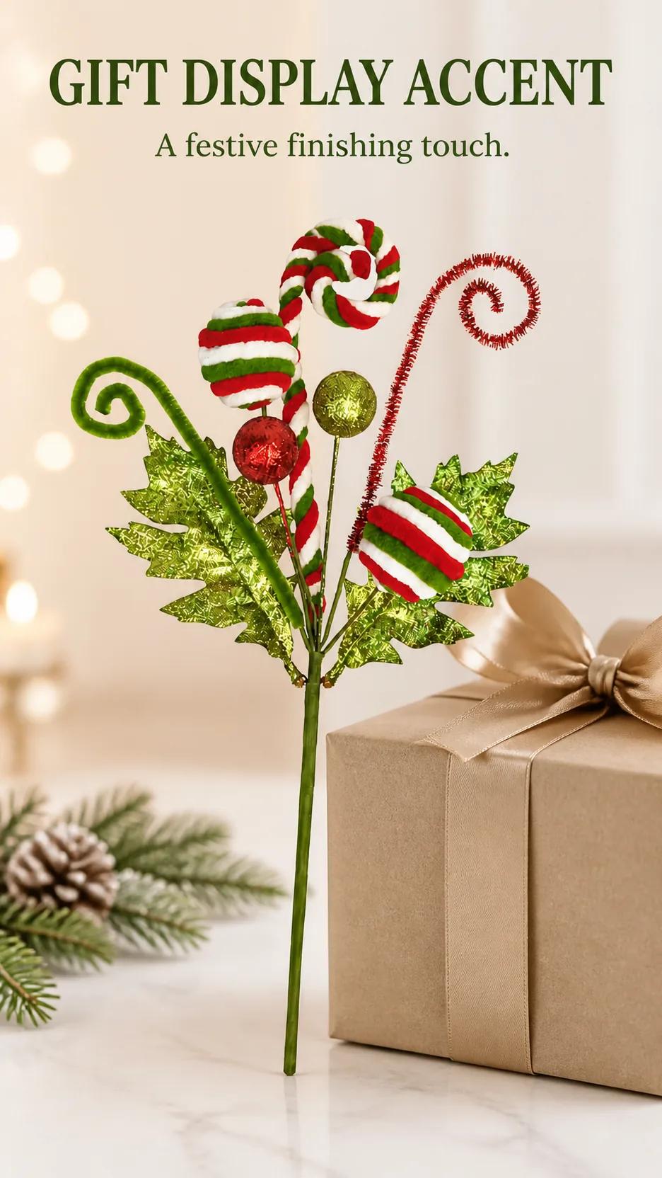 34cm Glitter Candy Cane Christmas Tree Pick with Striped Lollipops and Curled Stems product detail 7