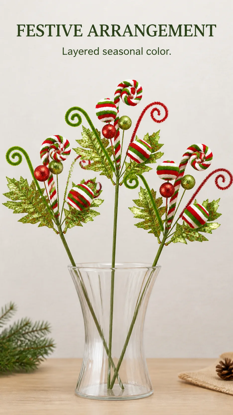 34cm Glitter Candy Cane Christmas Tree Pick with Striped Lollipops and Curled Stems product detail 8