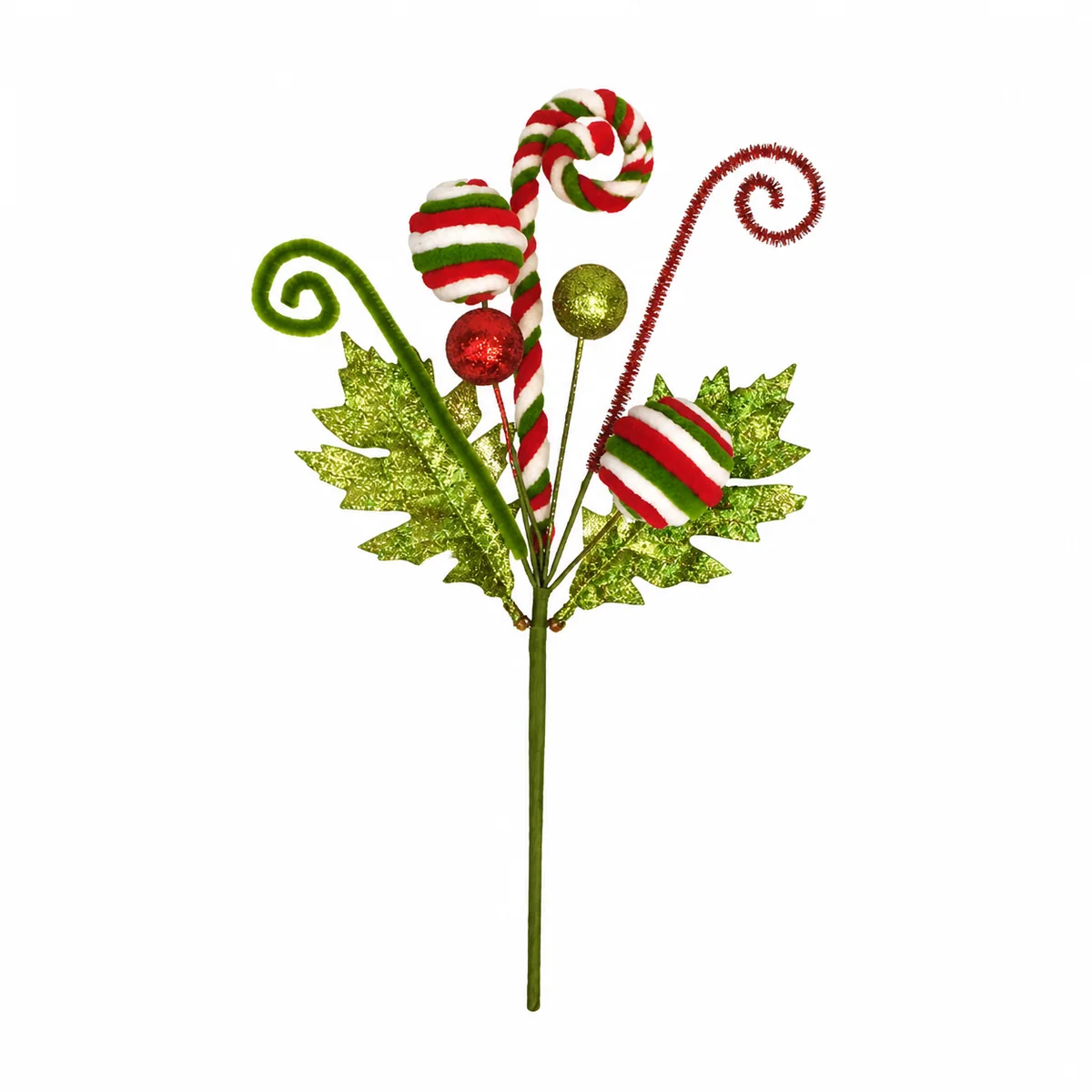 34cm Glitter Candy Cane Christmas Tree Pick with Striped Lollipops and Curled Stems