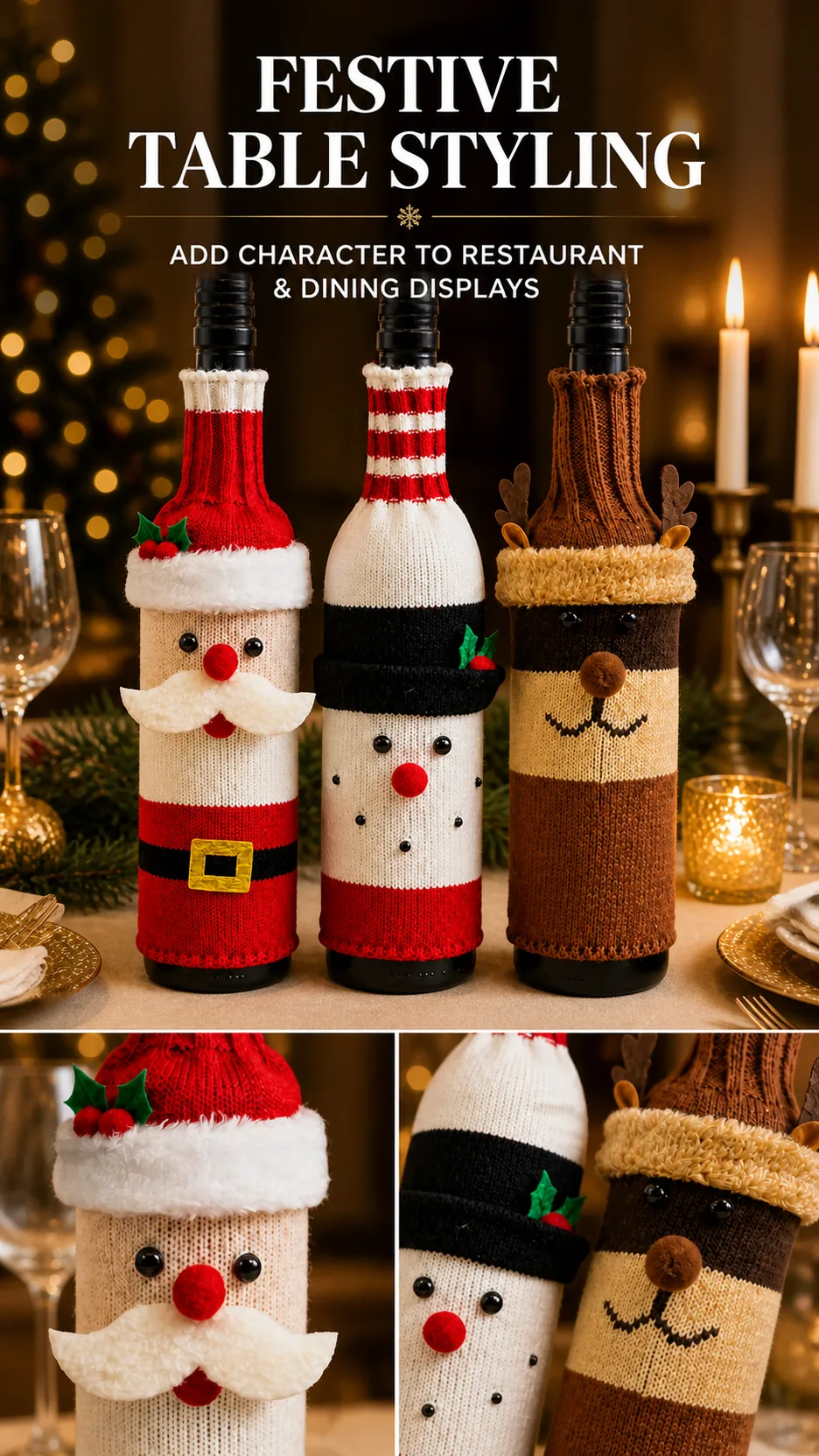 Christmas Knitted Wine Bottle Covers Santa Snowman Reindeer Holiday Table Decor product detail 6