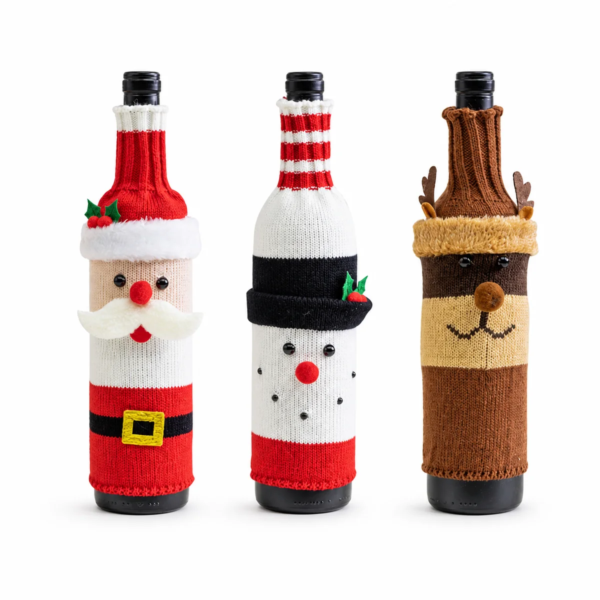 Christmas Knitted Wine Bottle Covers Santa Snowman Reindeer Holiday Table Decor