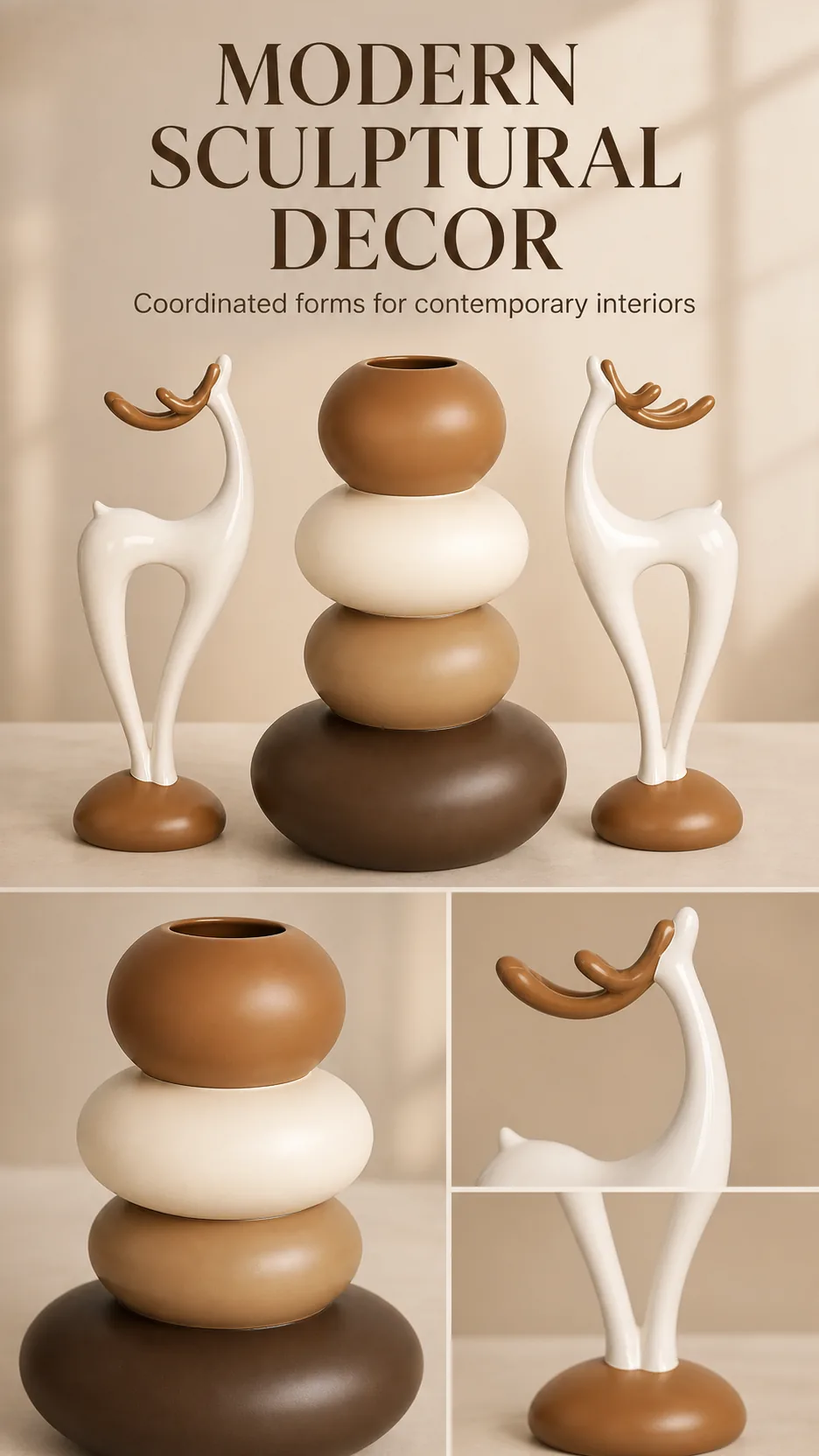 Modern Resin Deer Figurine and Stacked Stone Vase Set - Nordic Home Decor Ornaments product detail 1