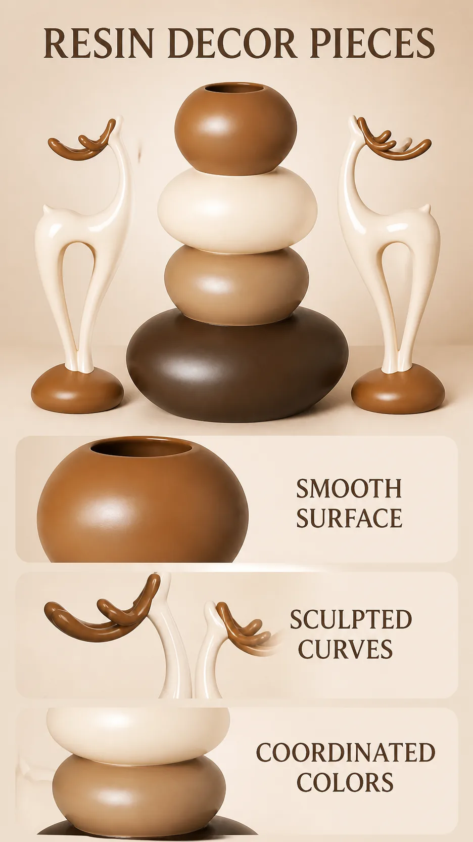Modern Resin Deer Figurine and Stacked Stone Vase Set - Nordic Home Decor Ornaments product detail 5