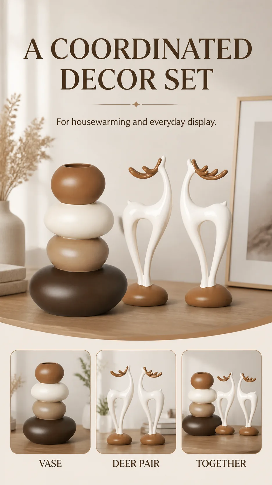Modern Resin Deer Figurine and Stacked Stone Vase Set - Nordic Home Decor Ornaments product detail 8