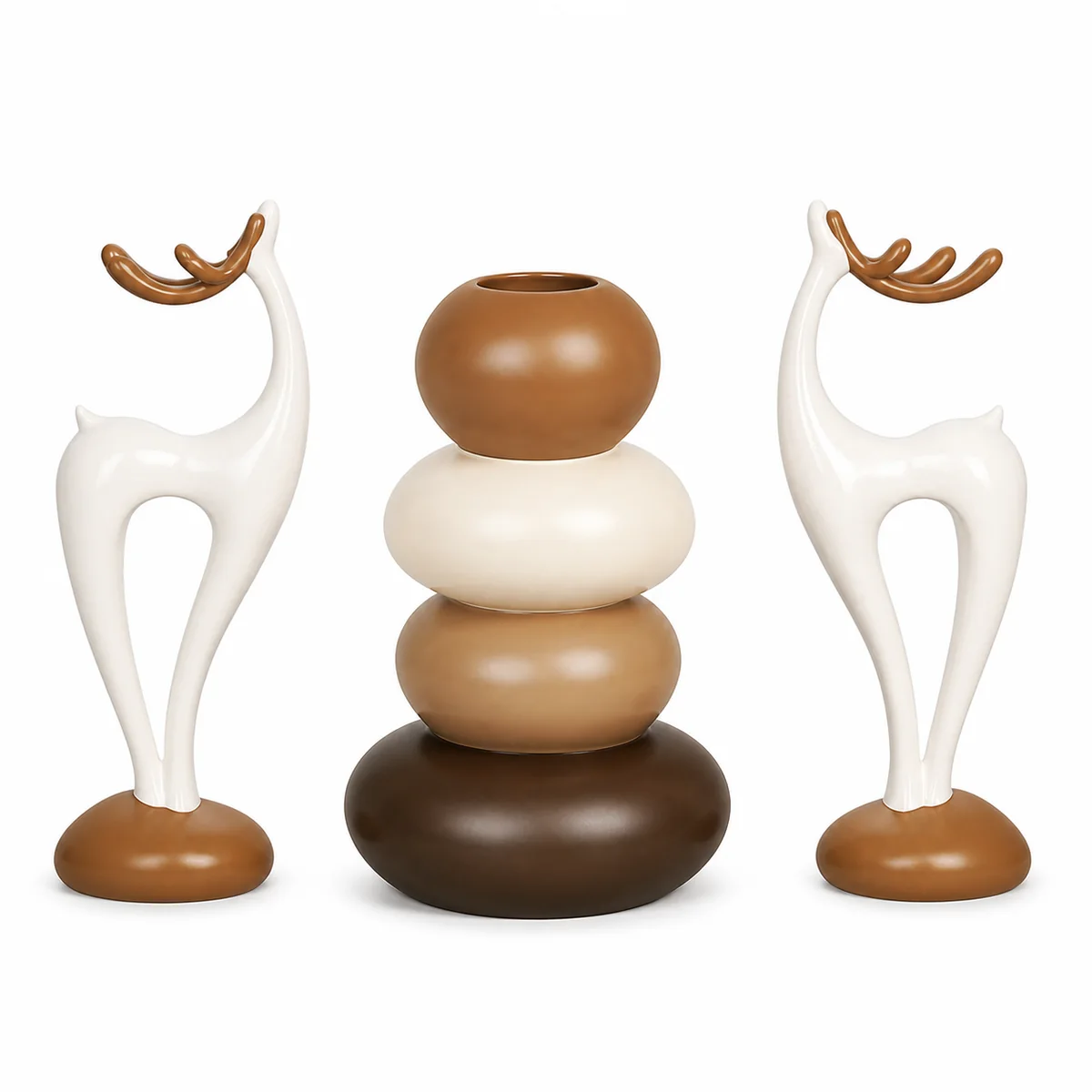 Modern Resin Deer Figurine and Stacked Stone Vase Set - Nordic Home Decor Ornaments