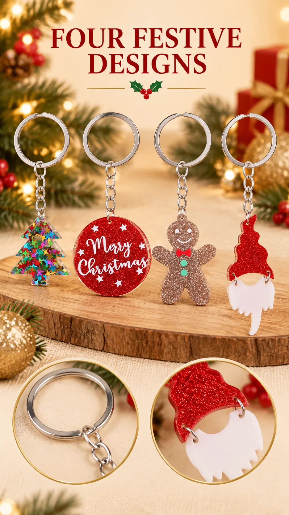Christmas Acrylic Keychains with Tree and Gingerbread Charms product detail 1
