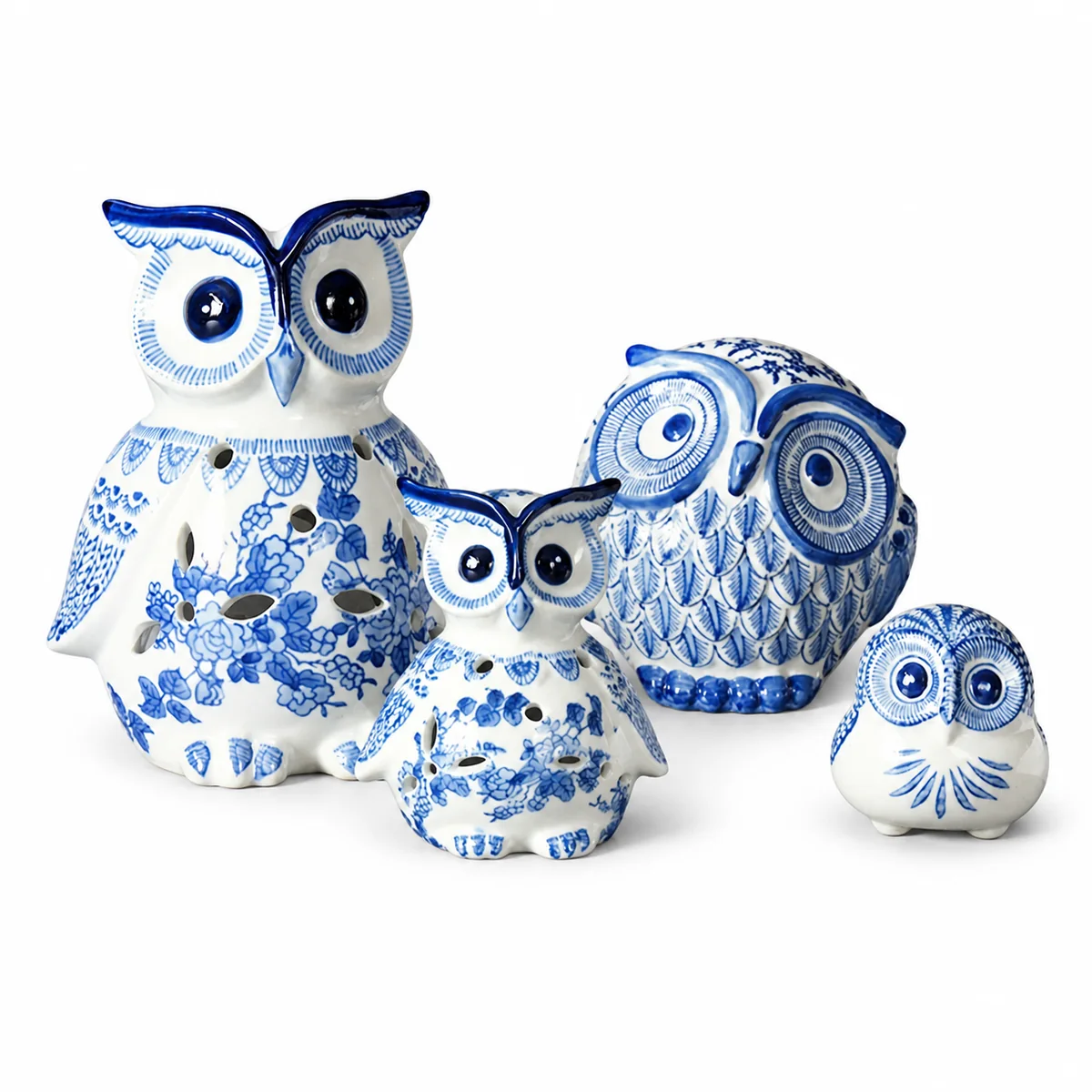 Jingdezhen Blue and White Porcelain Owl Figurine Hand-Painted Ceramic Home Decor