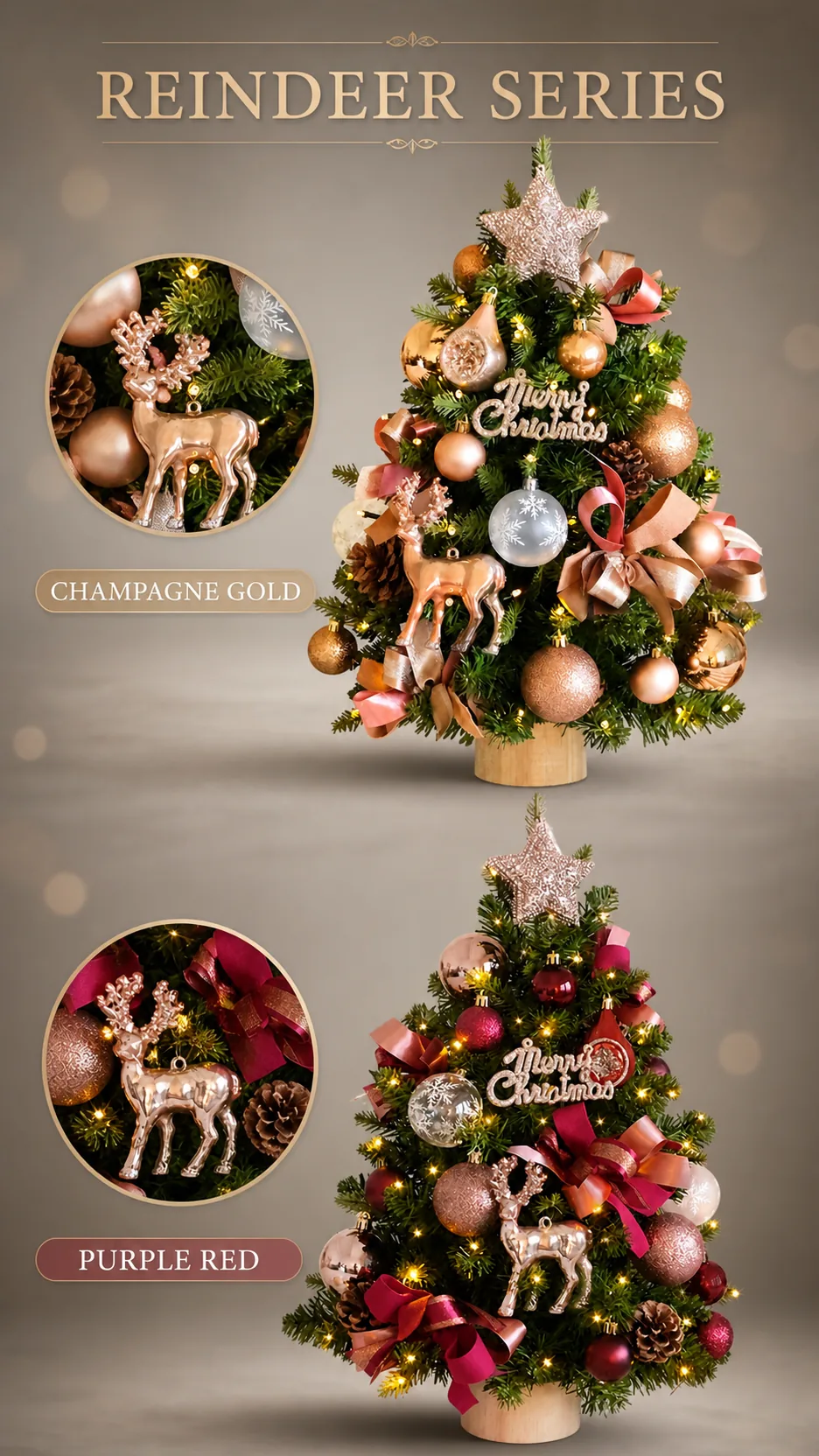 45-60CM DIY Lighted PE Tabletop Christmas Tree with Ornaments Wooden Base Wholesale Holiday Decoration product detail 4