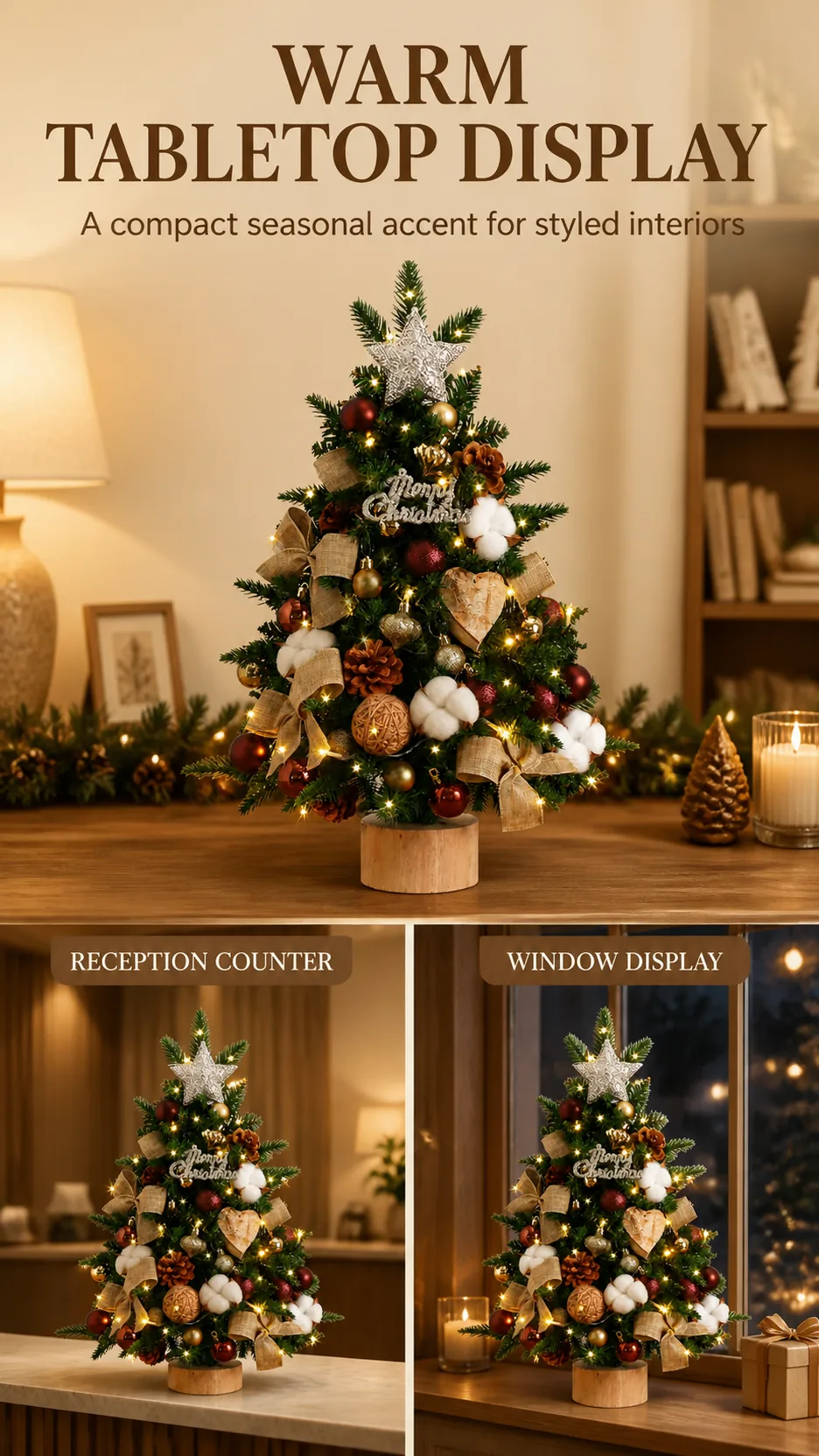 45-60CM DIY Lighted PE Tabletop Christmas Tree with Ornaments Wooden Base Wholesale Holiday Decoration product detail 7