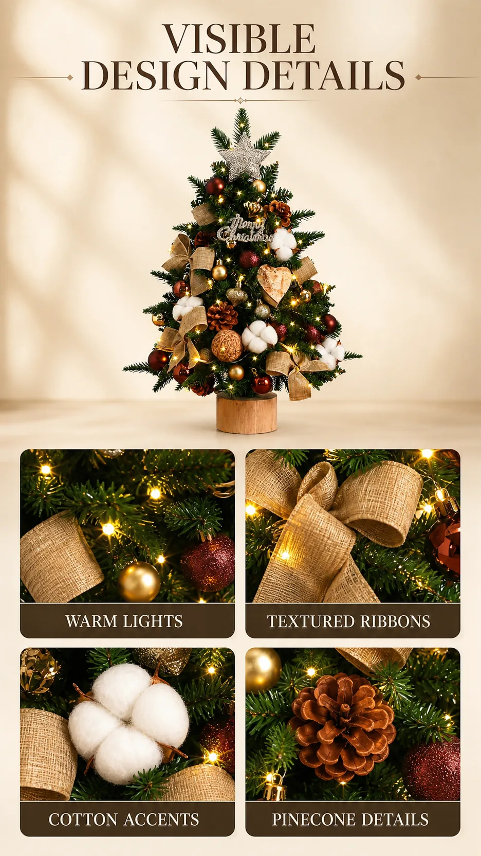 45-60CM DIY Lighted PE Tabletop Christmas Tree with Ornaments Wooden Base Wholesale Holiday Decoration product detail 8