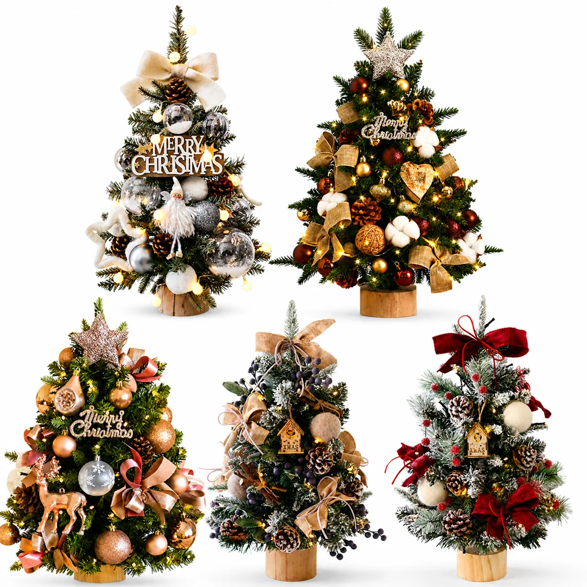 45-60CM DIY Lighted PE Tabletop Christmas Tree with Ornaments Wooden Base Wholesale Holiday Decoration