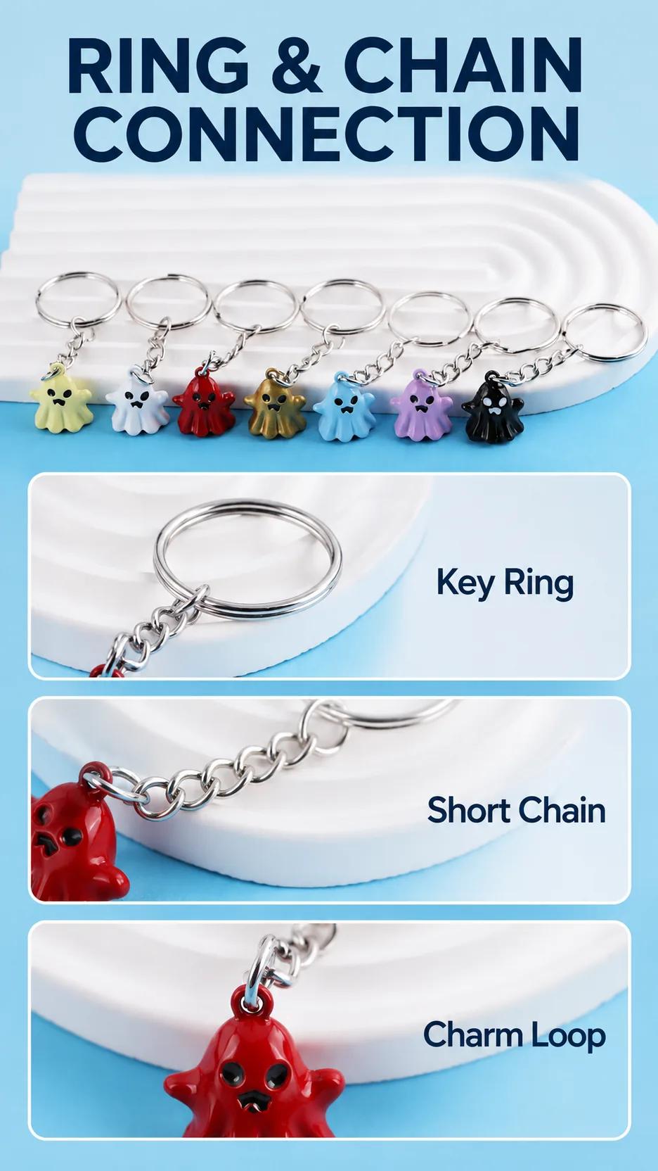 Cute 3D Ghost Keychain Halloween Cartoon Charm Metal Key Ring Bag Pendant DIY Accessory product detail 3