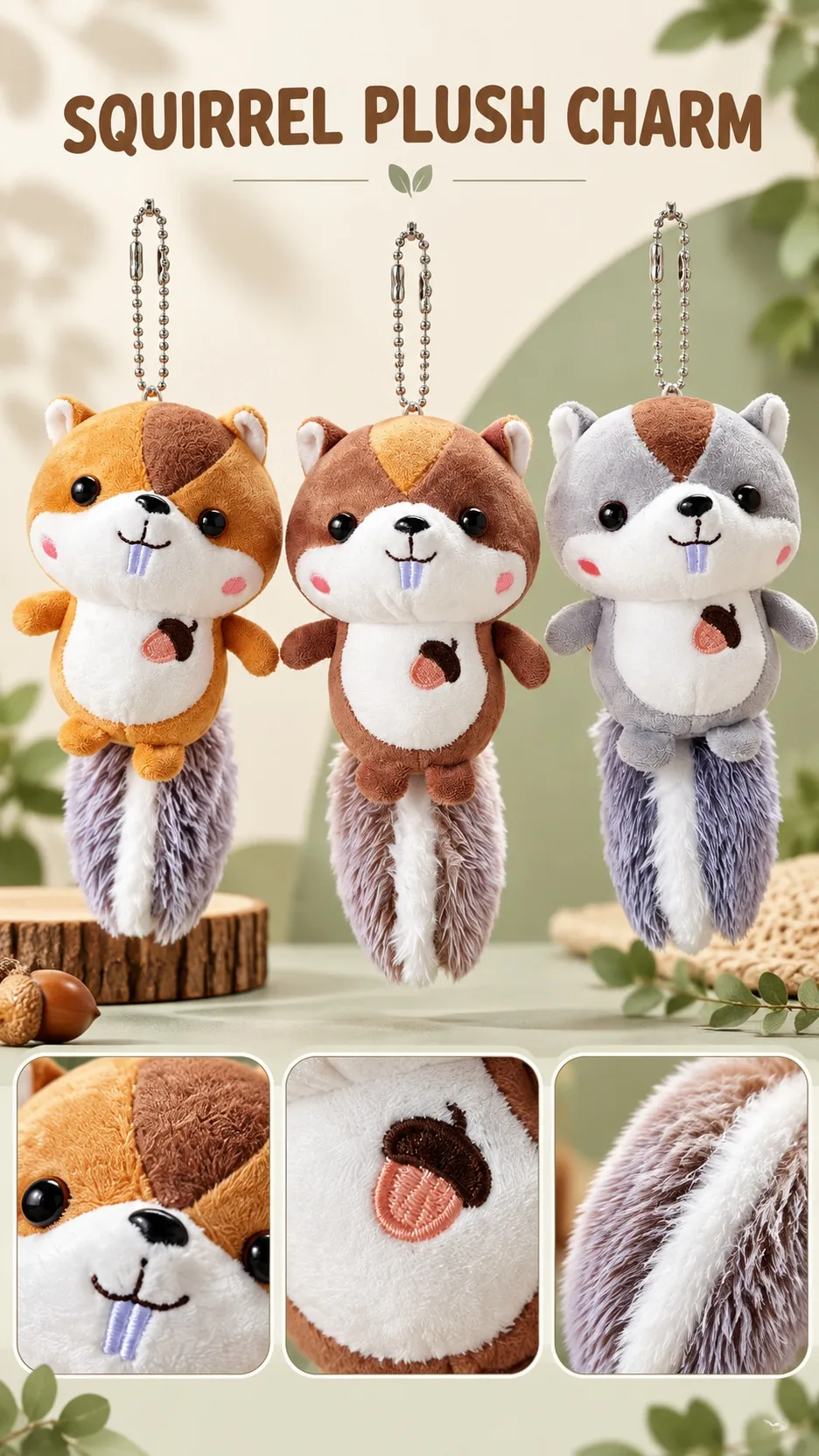 Cute Squirrel Plush Keychain Pendant Soft Stuffed Animal Bag Charm with Fluffy Tail and Acorn Embroidery product detail 1